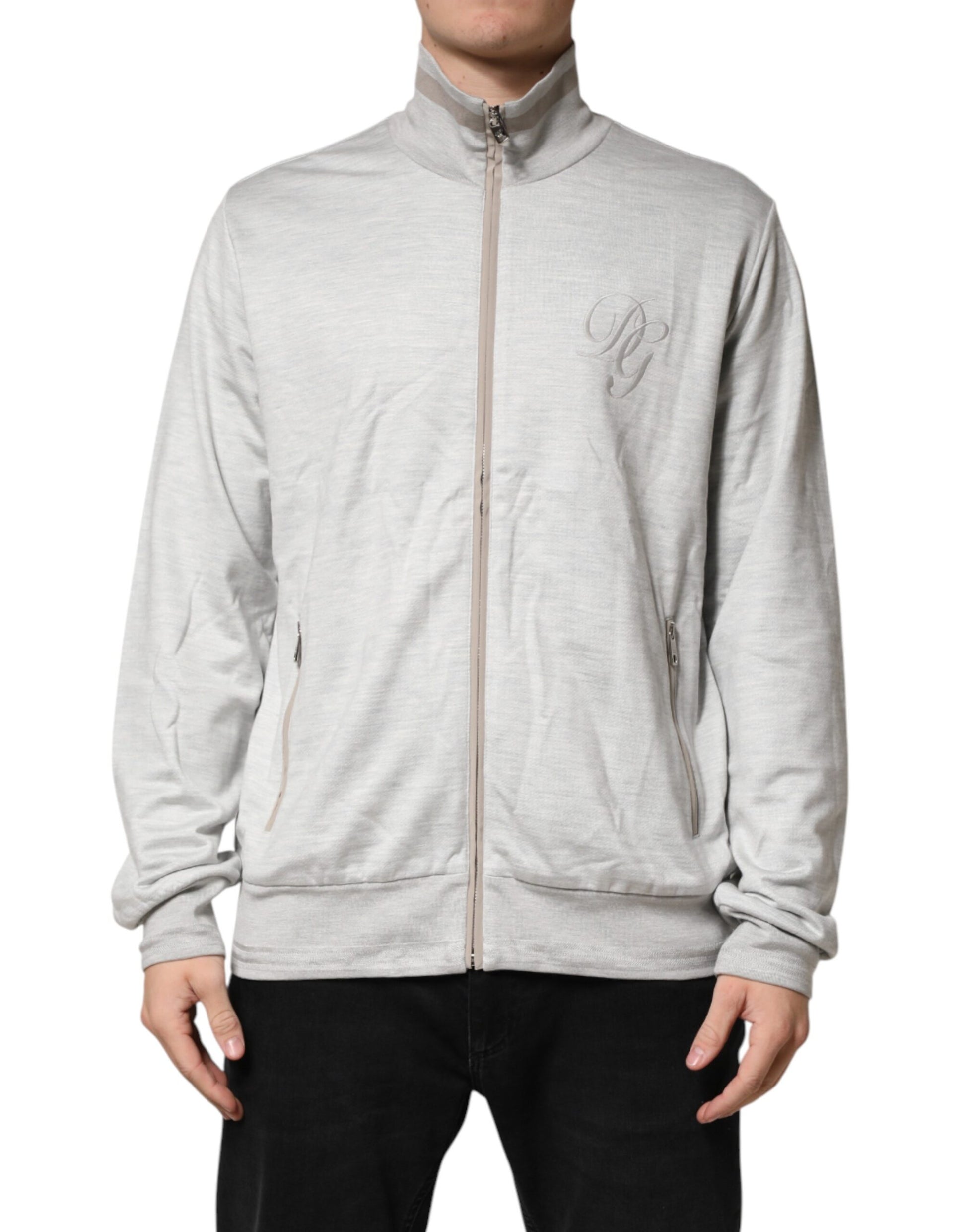 Dolce & Gabbana Light Gray Cotton Zipped Cardigan Sweater | Regal Royce