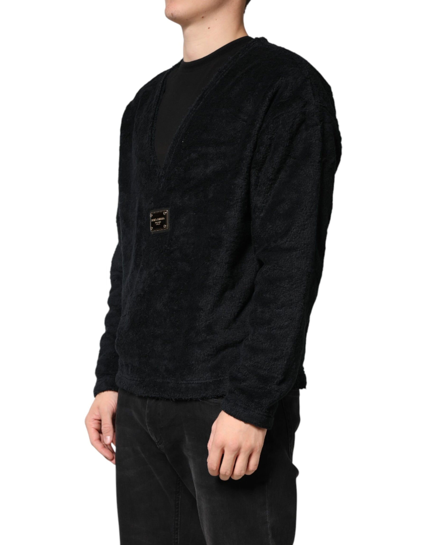 Dolce & Gabbana Black Cotton V-Neck Men Sweatshirt Sweater | Regal Royce