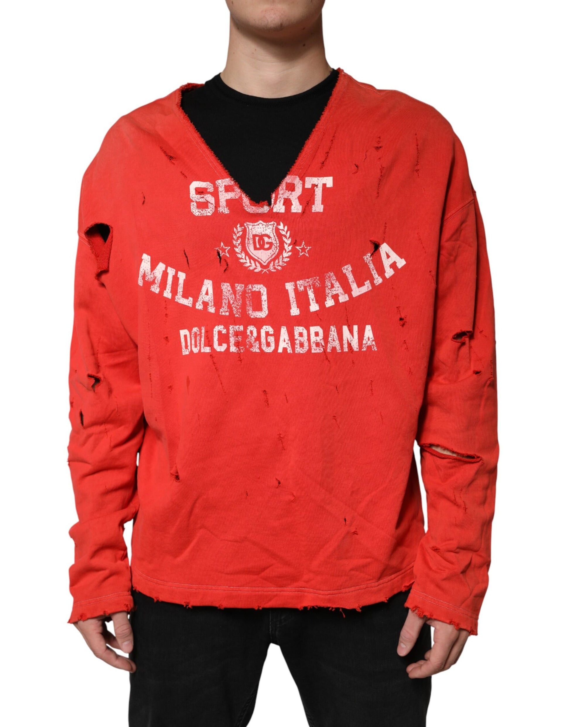 Dolce & Gabbana Red Distressed Cotton V-Neck Sweatshirt Men  Sweater | Regal Royce