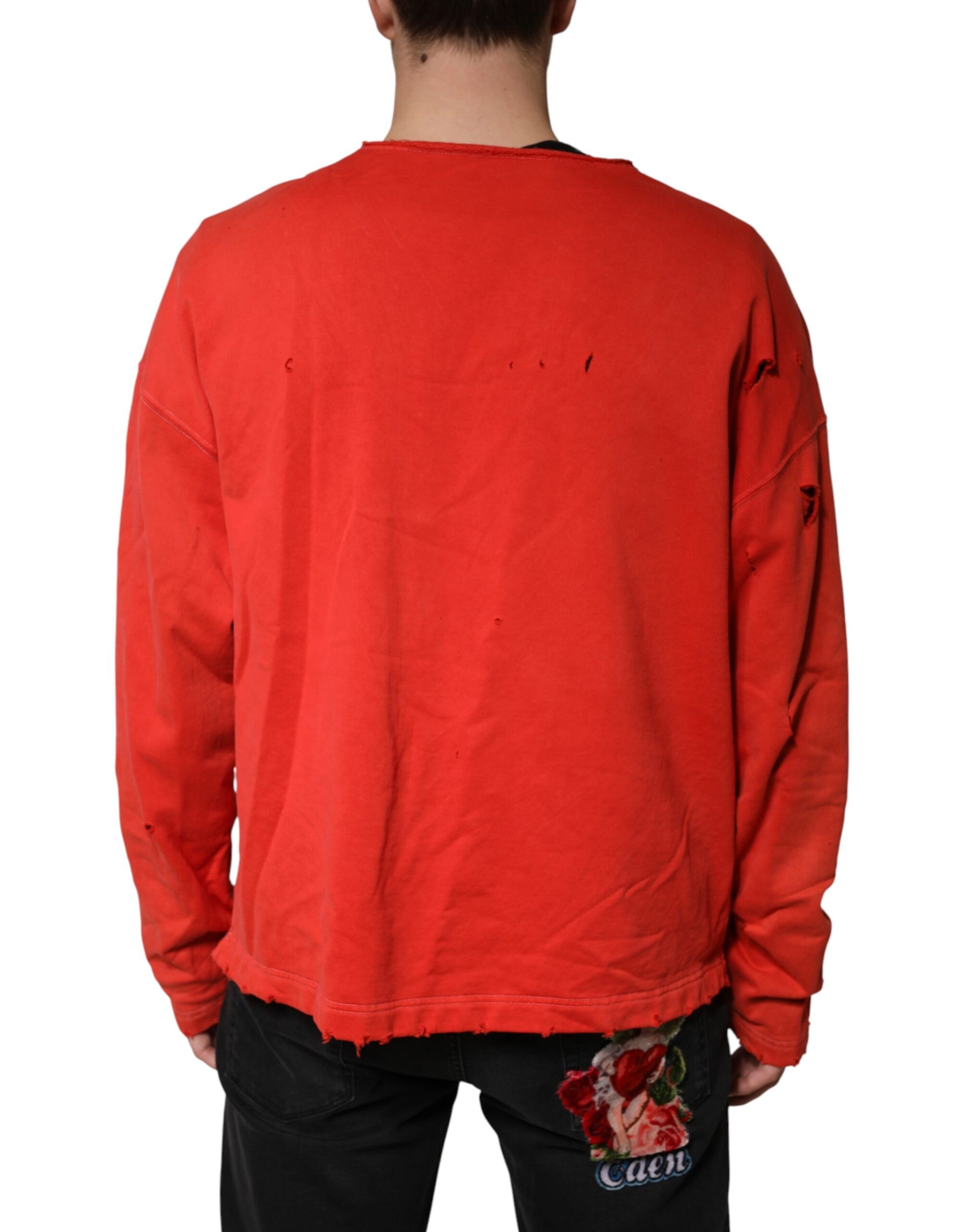 Dolce & Gabbana Red Distressed Cotton V-Neck Sweatshirt Men  Sweater | Regal Royce