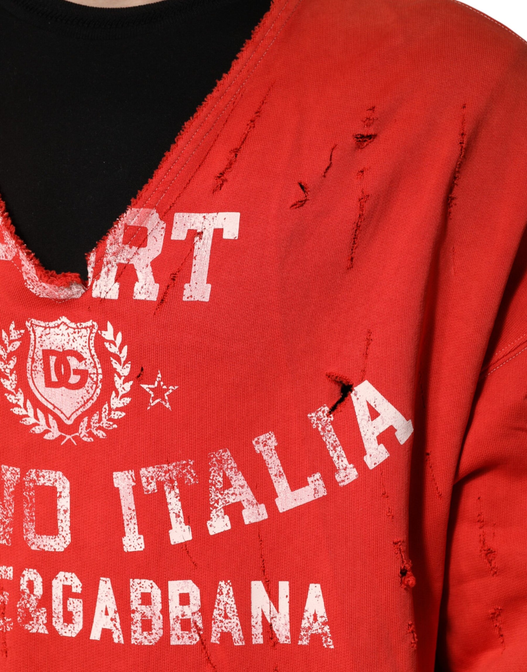 Dolce & Gabbana Red Distressed Cotton V-Neck Sweatshirt Men  Sweater | Regal Royce