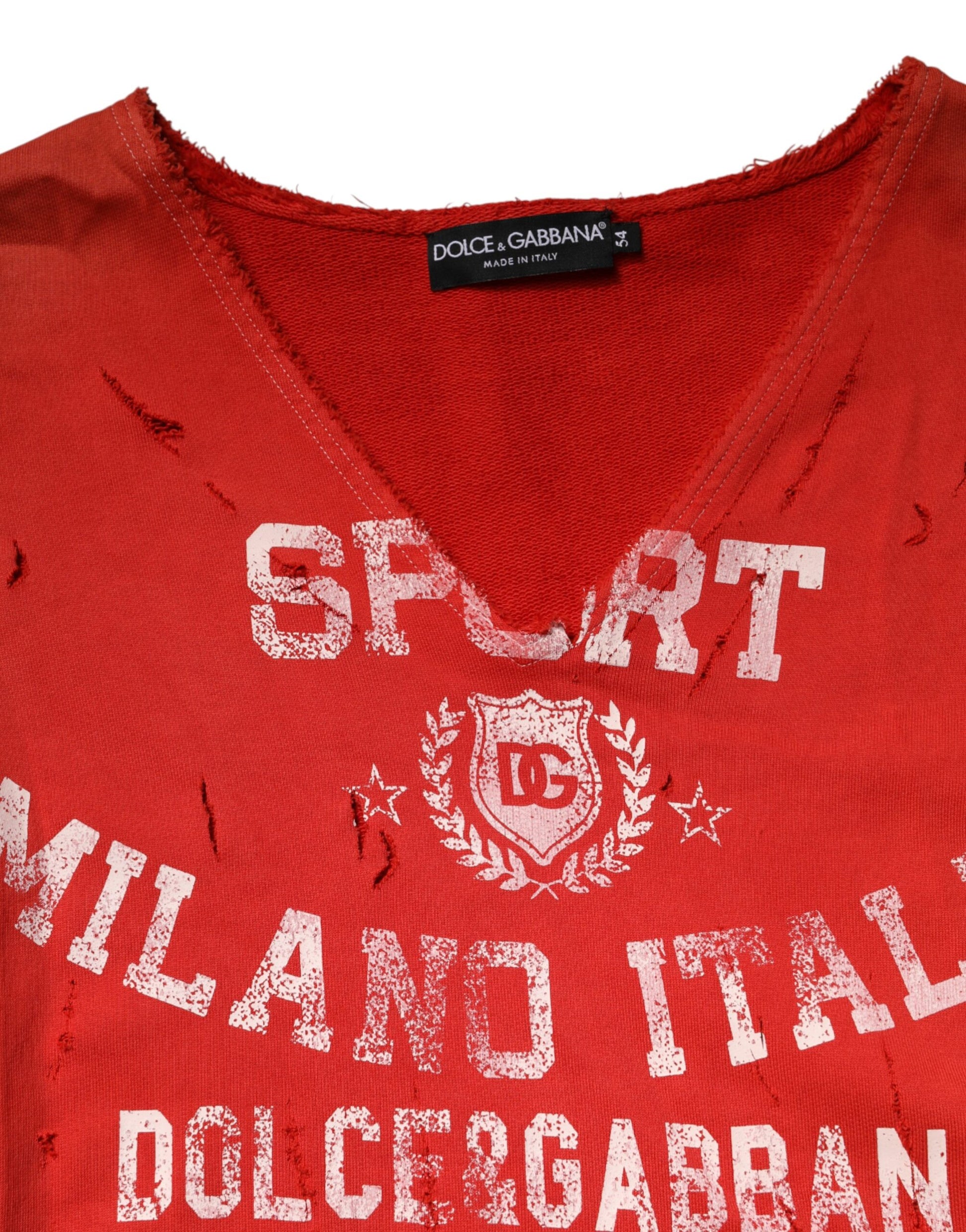 Dolce & Gabbana Red Distressed Cotton V-Neck Sweatshirt Men  Sweater | Regal Royce