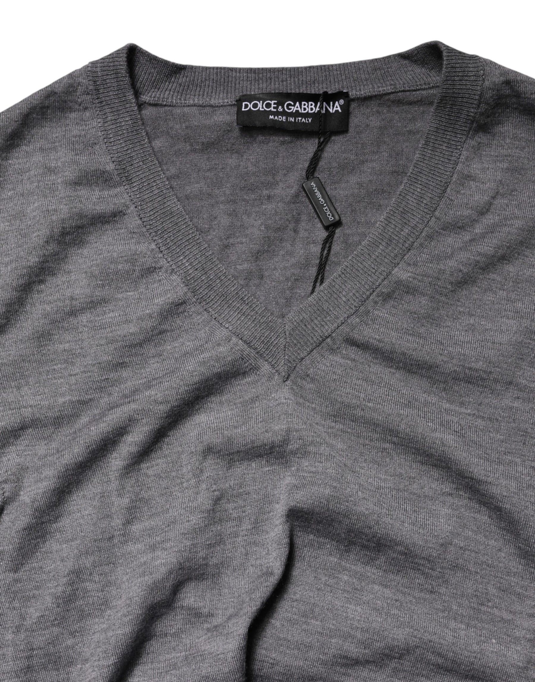 Dolce & Gabbana Gray Cashmere V-Neck Men Pullover Sweater | Regal Royce