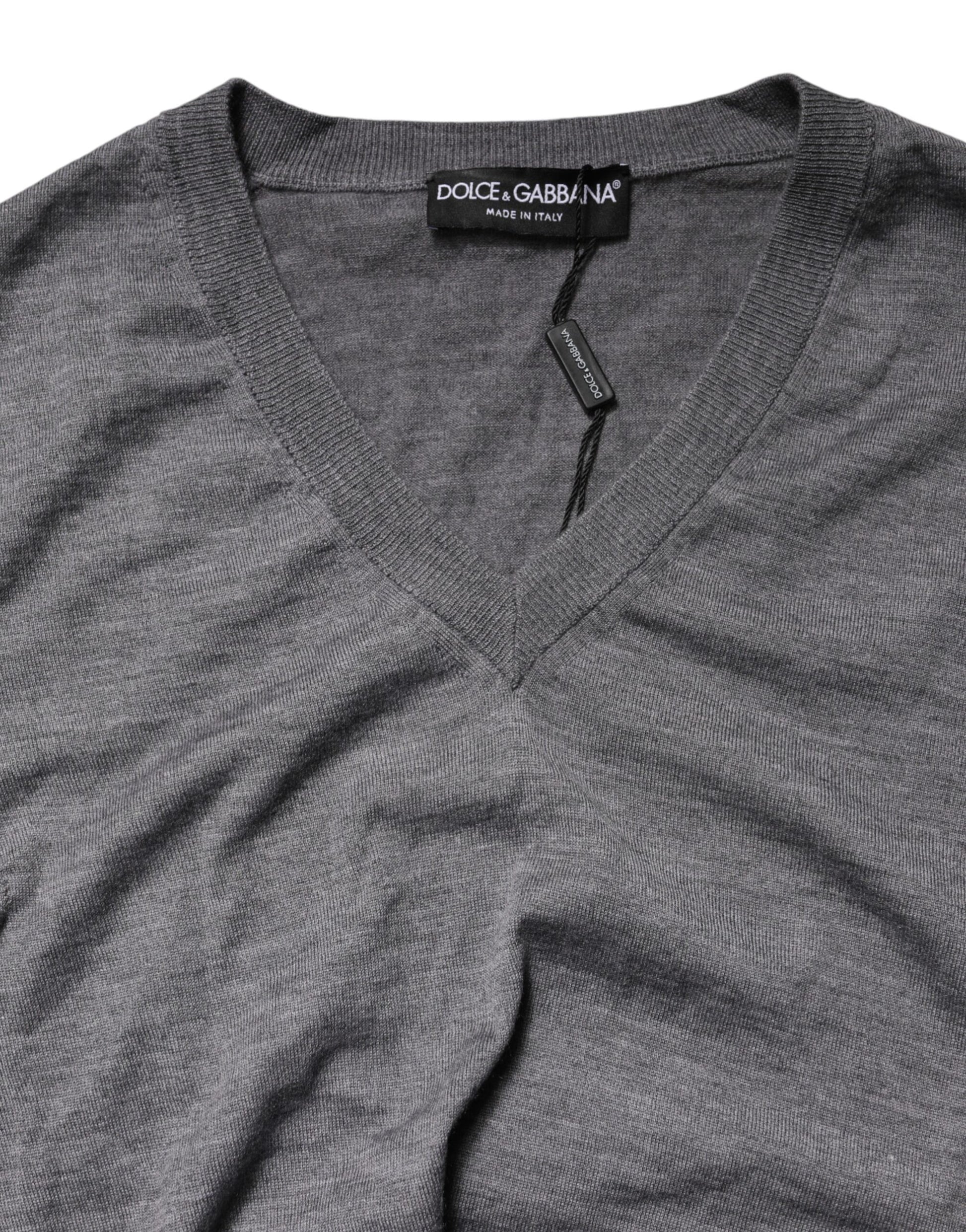 Dolce & Gabbana Gray Cashmere V-Neck Men Pullover Sweater | Regal Royce
