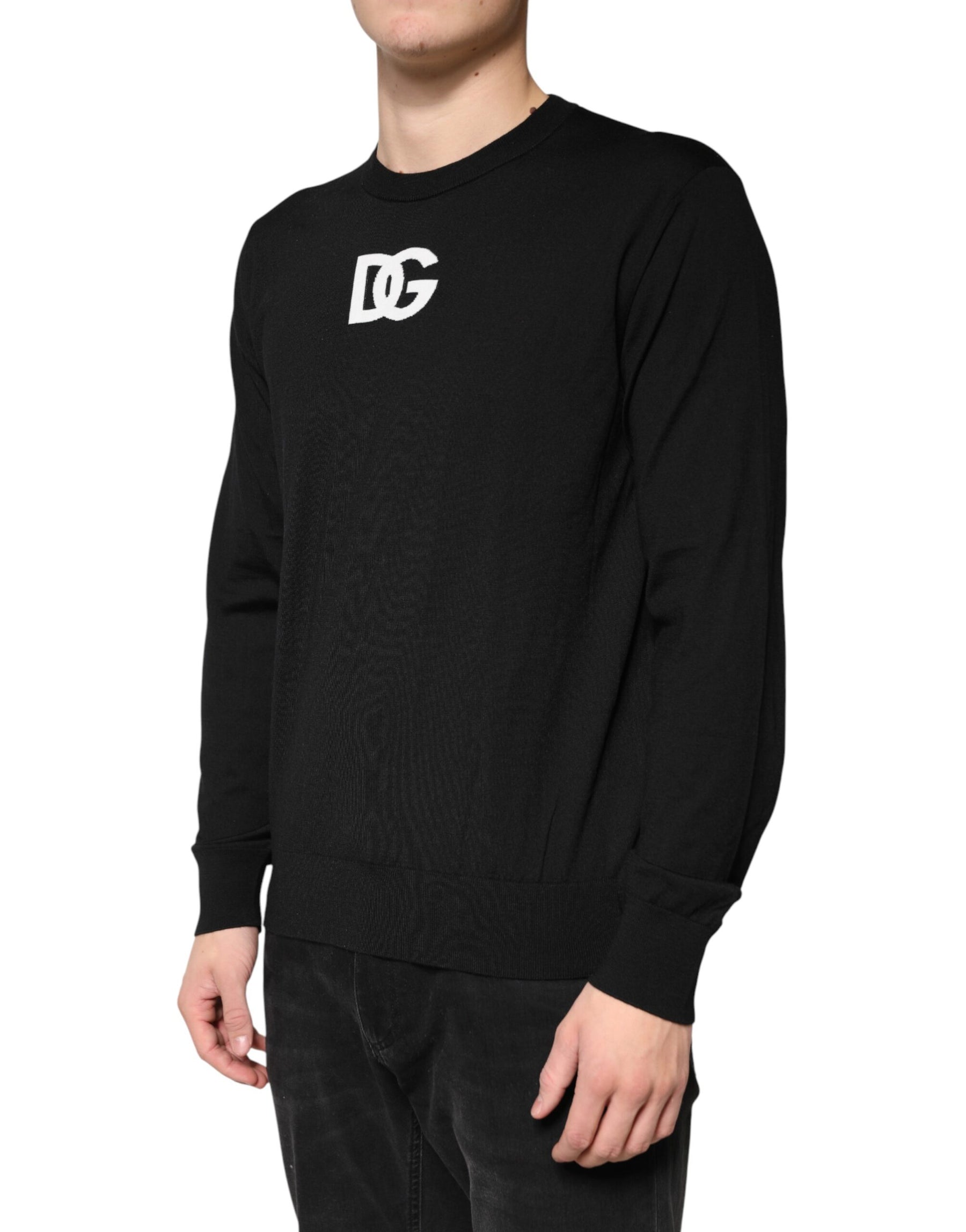Dolce & Gabbana Black Wool DG Crew Neck Men Pullover Sweater | Regal Royce