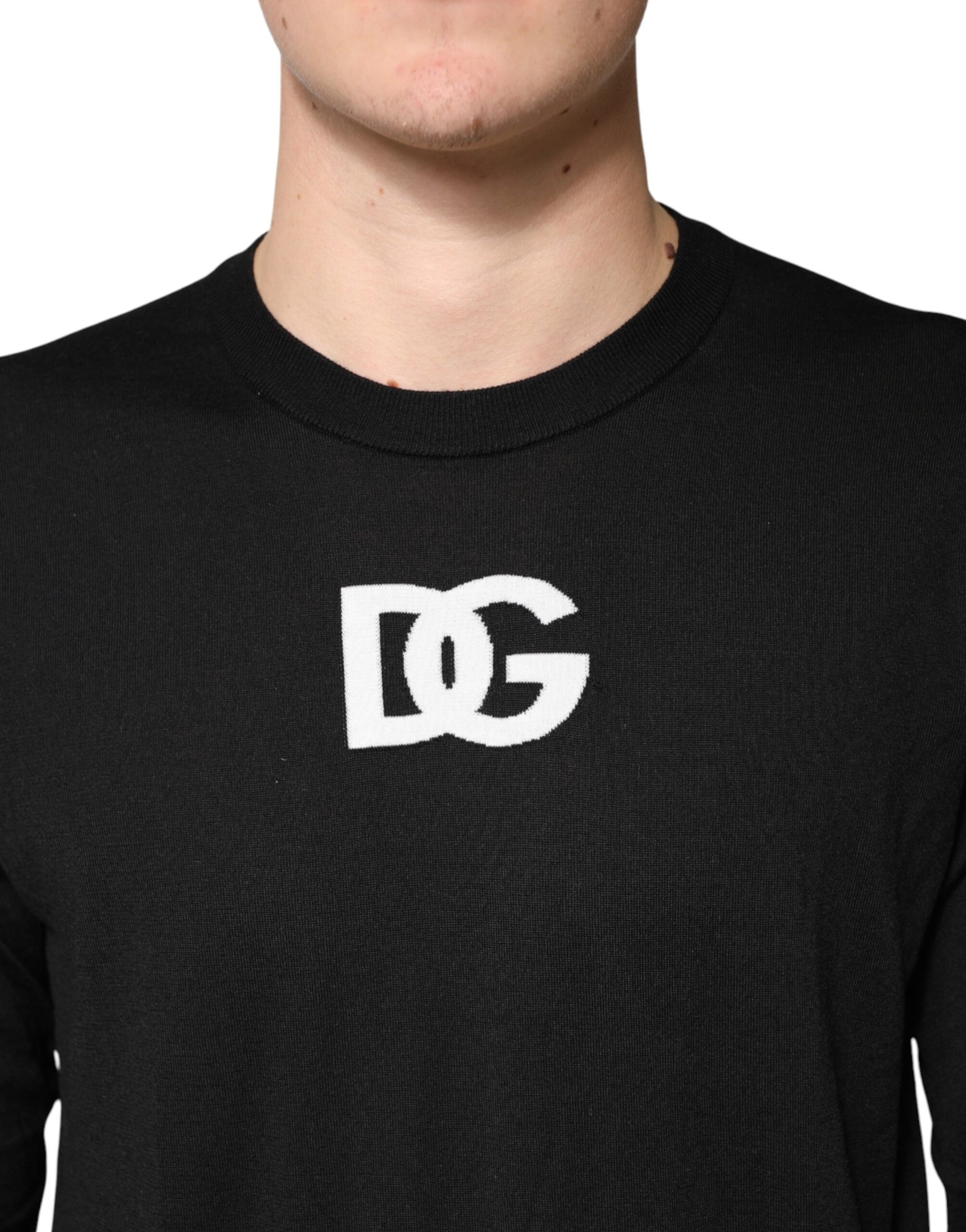 Dolce & Gabbana Black Wool DG Crew Neck Men Pullover Sweater | Regal Royce