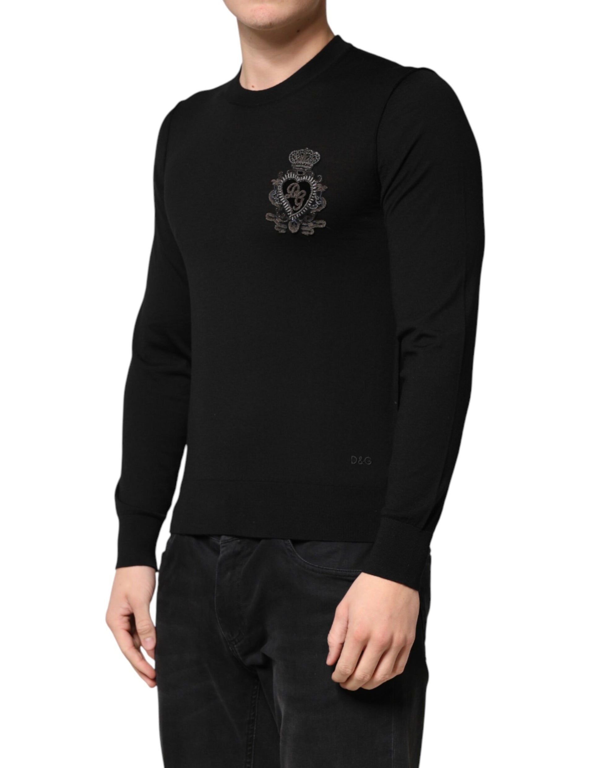 Dolce & Gabbana Black Crest Wool Crew Neck Pullover  Sweater | Regal Royce