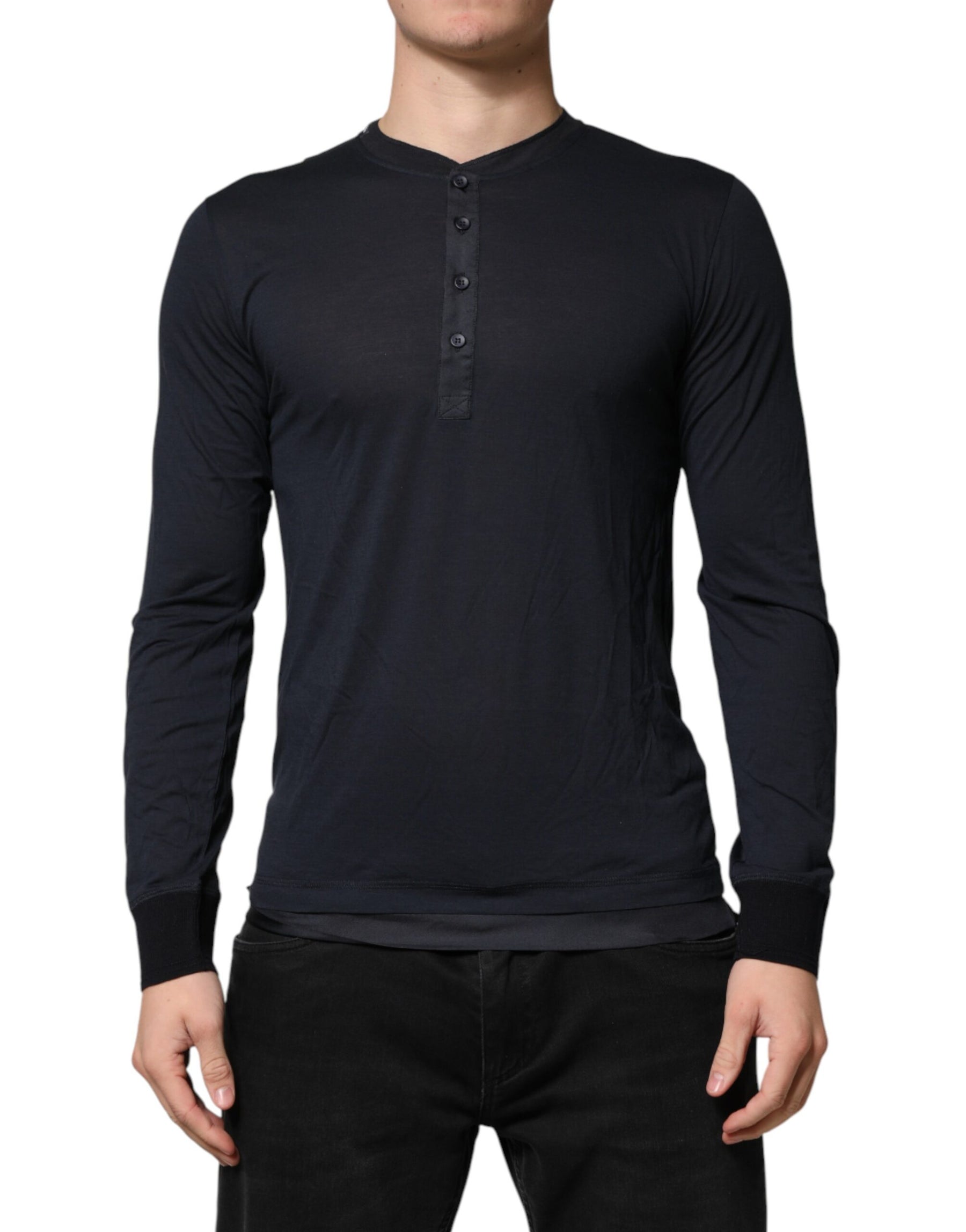 Dolce & Gabbana Dark Blue Cotton Henley Long Sleeves T-Shirt | Regal Royce
