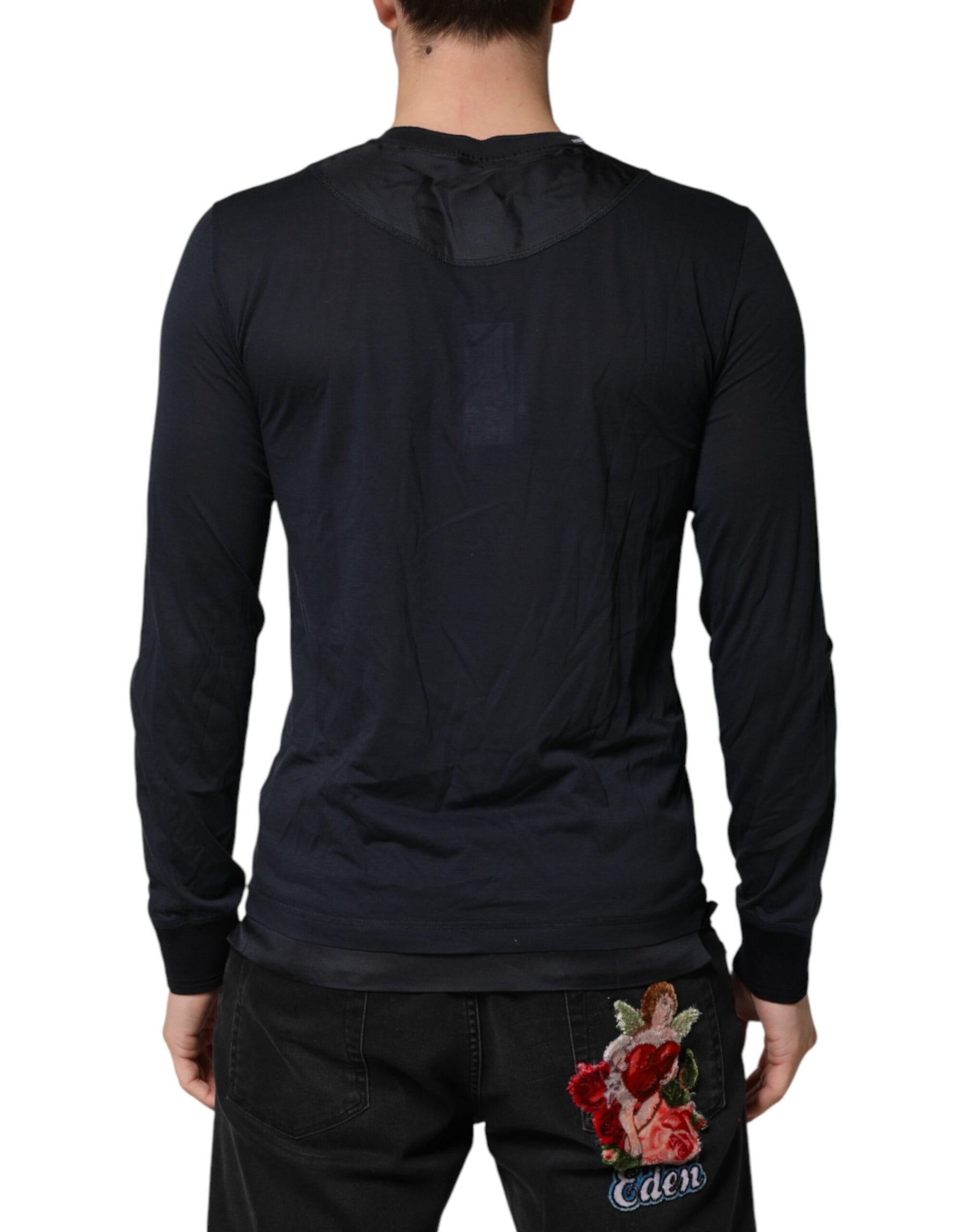 Dolce & Gabbana Dark Blue Cotton Henley Long Sleeves T-Shirt | Regal Royce