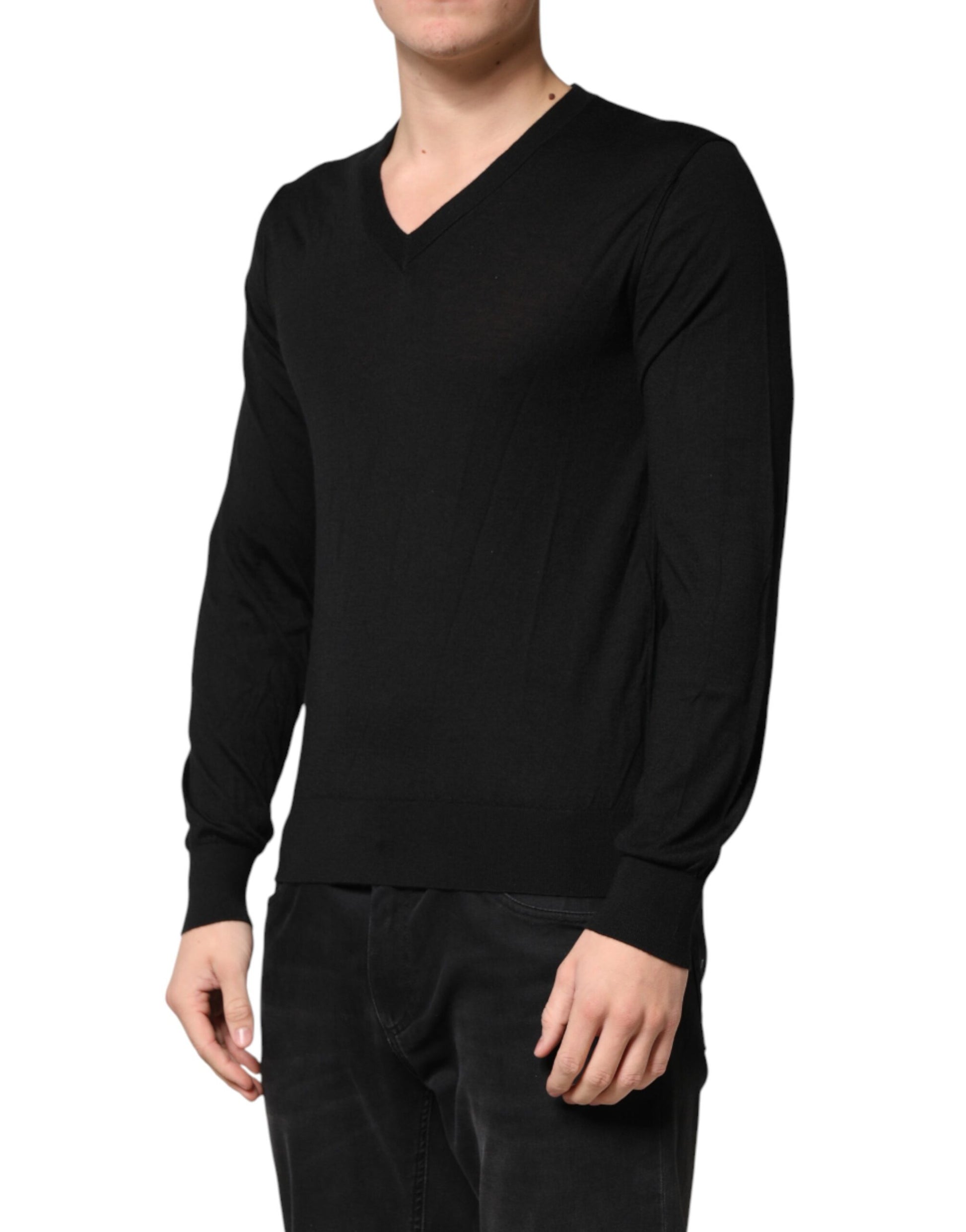 Dolce & Gabbana Black Cashmere V-Neck Men Pullover Sweater | Regal Royce