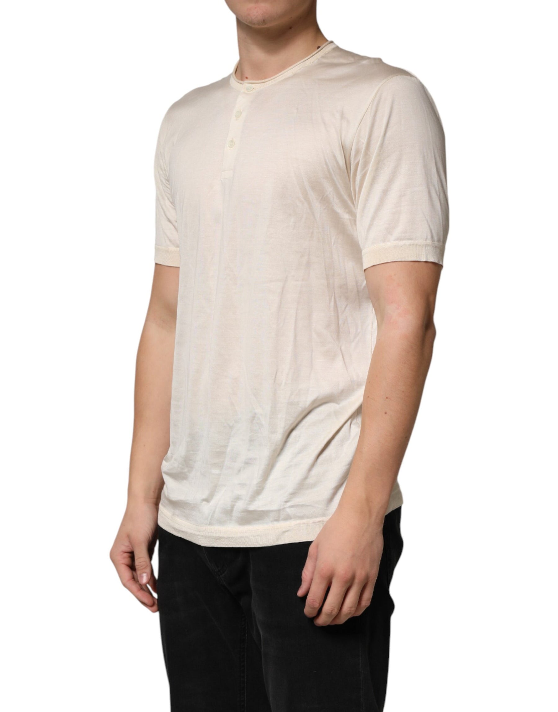Dolce & Gabbana Off White Cotton Blend Men Henley T-shirt | Regal Royce
