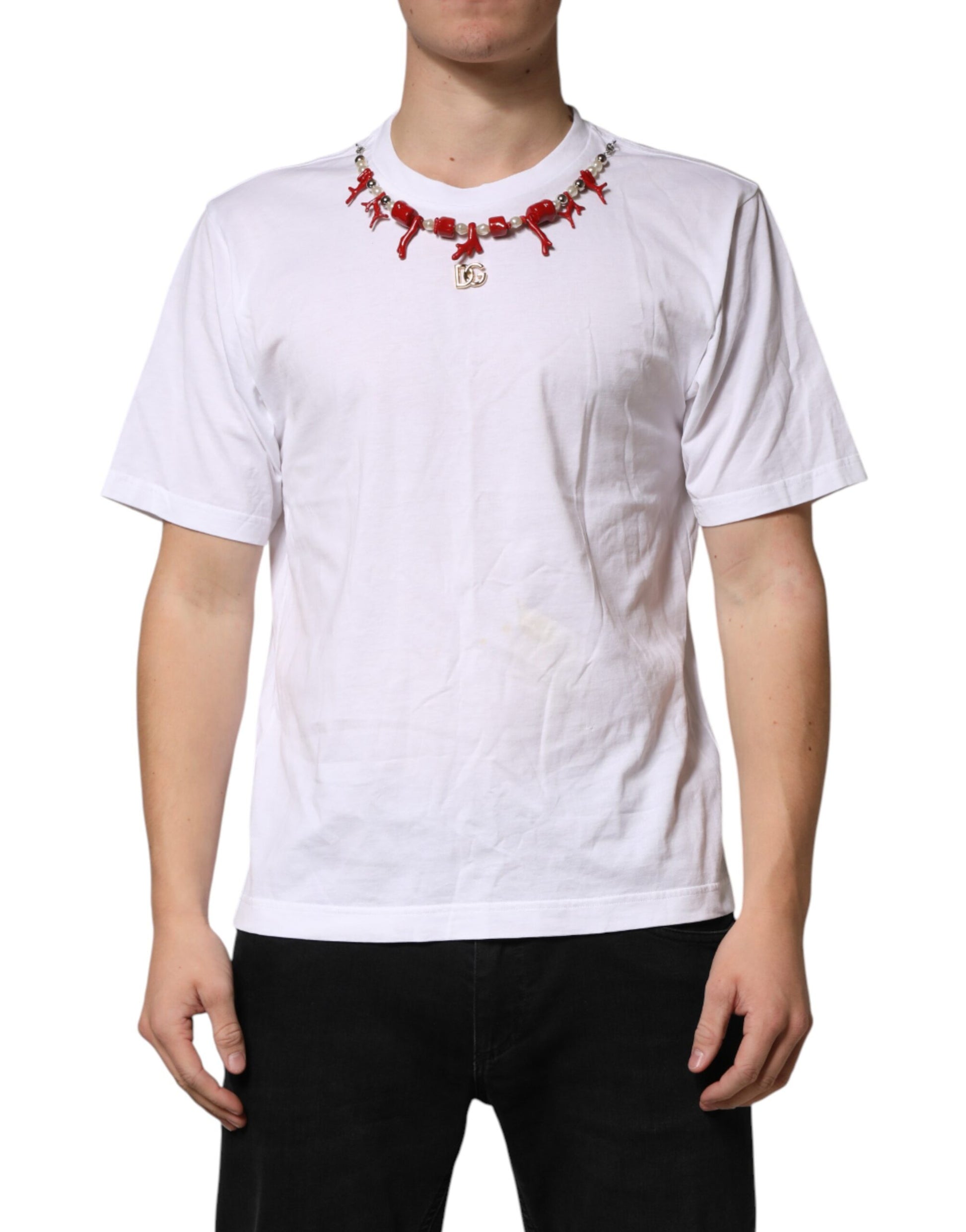 Dolce & Gabbana White Cotton Necklace Embellished T-shirt | Regal Royce