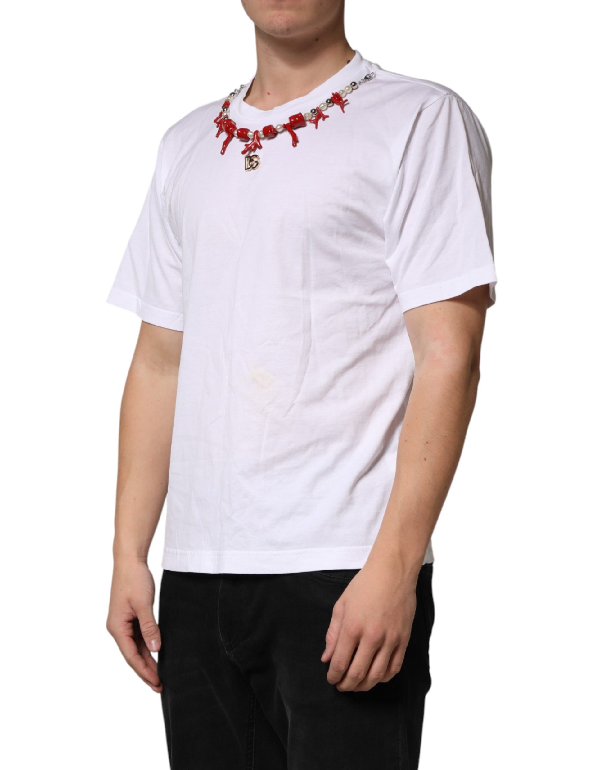 Dolce & Gabbana White Cotton Necklace Embellished T-shirt | Regal Royce