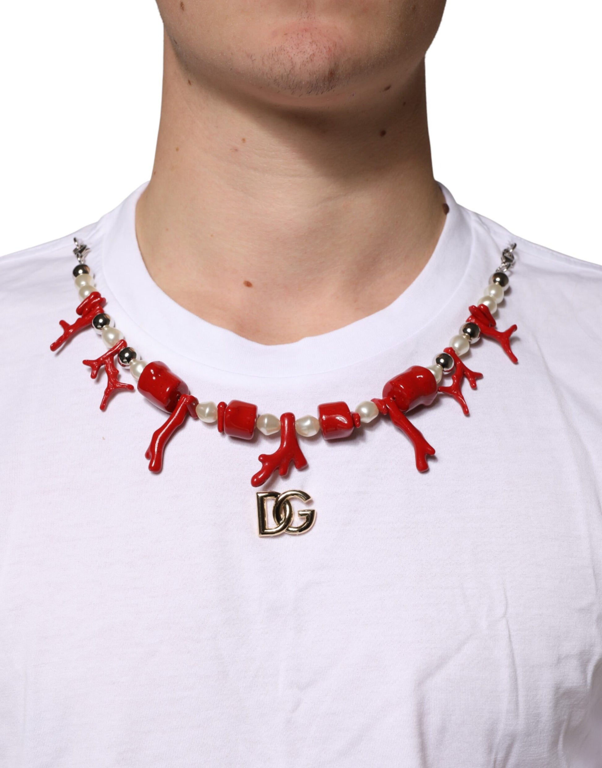 Dolce & Gabbana White Cotton Necklace Embellished T-shirt | Regal Royce