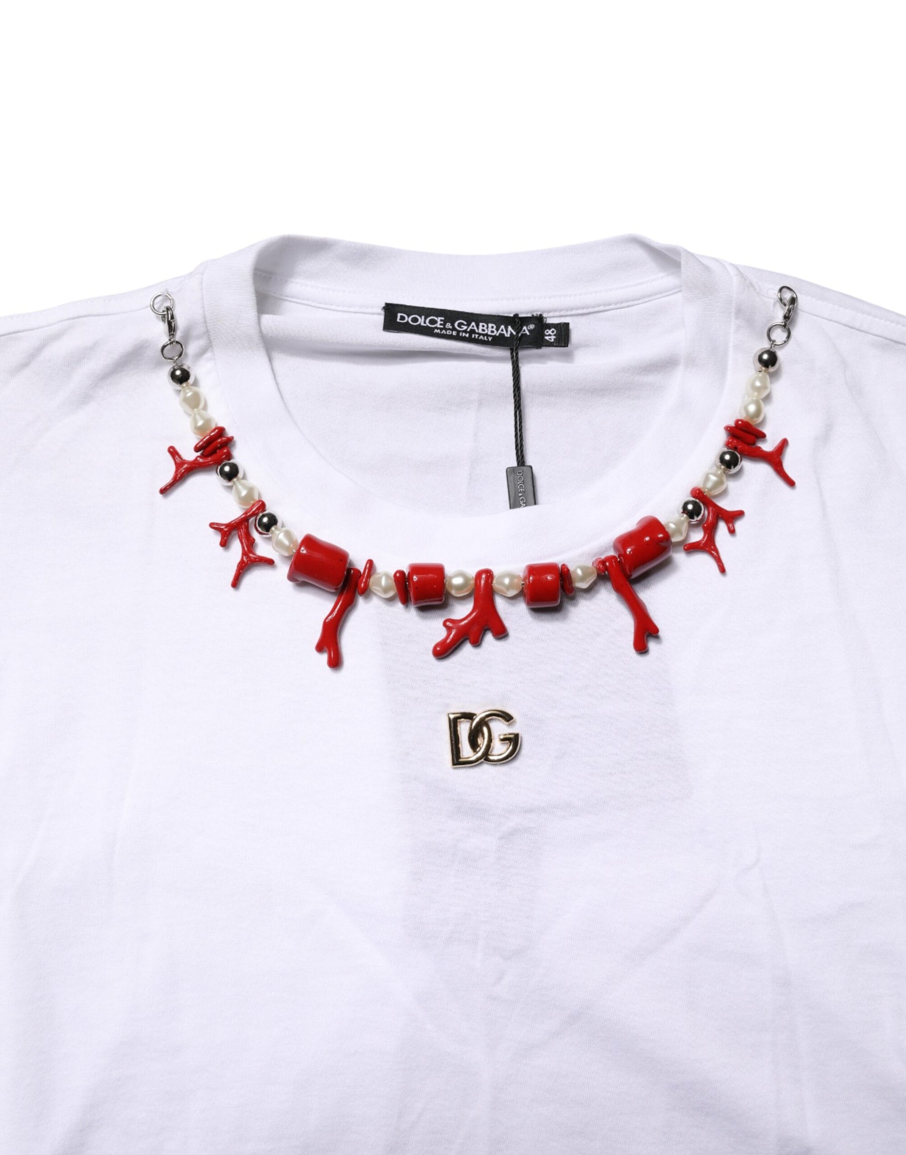 Dolce & Gabbana White Cotton Necklace Embellished T-shirt | Regal Royce