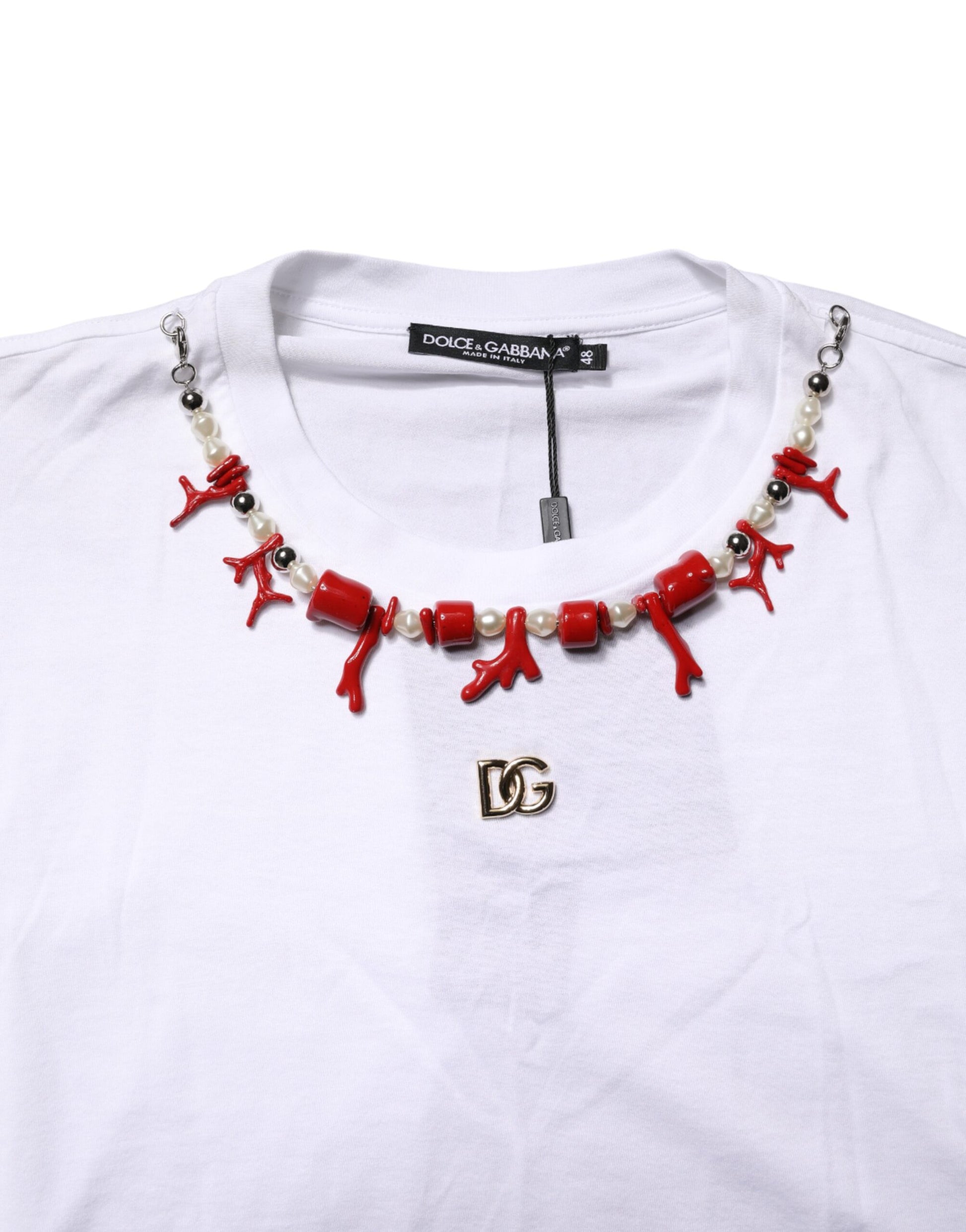 Dolce & Gabbana White Cotton Necklace Embellished T-shirt | Regal Royce