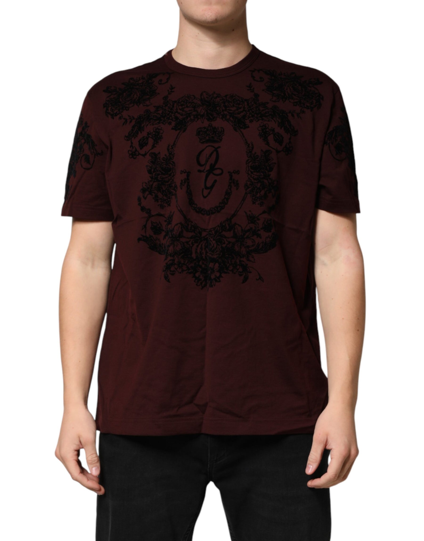Dolce & Gabbana Maroon DG Crown Floral Crewneck Men T-shirt | Regal Royce