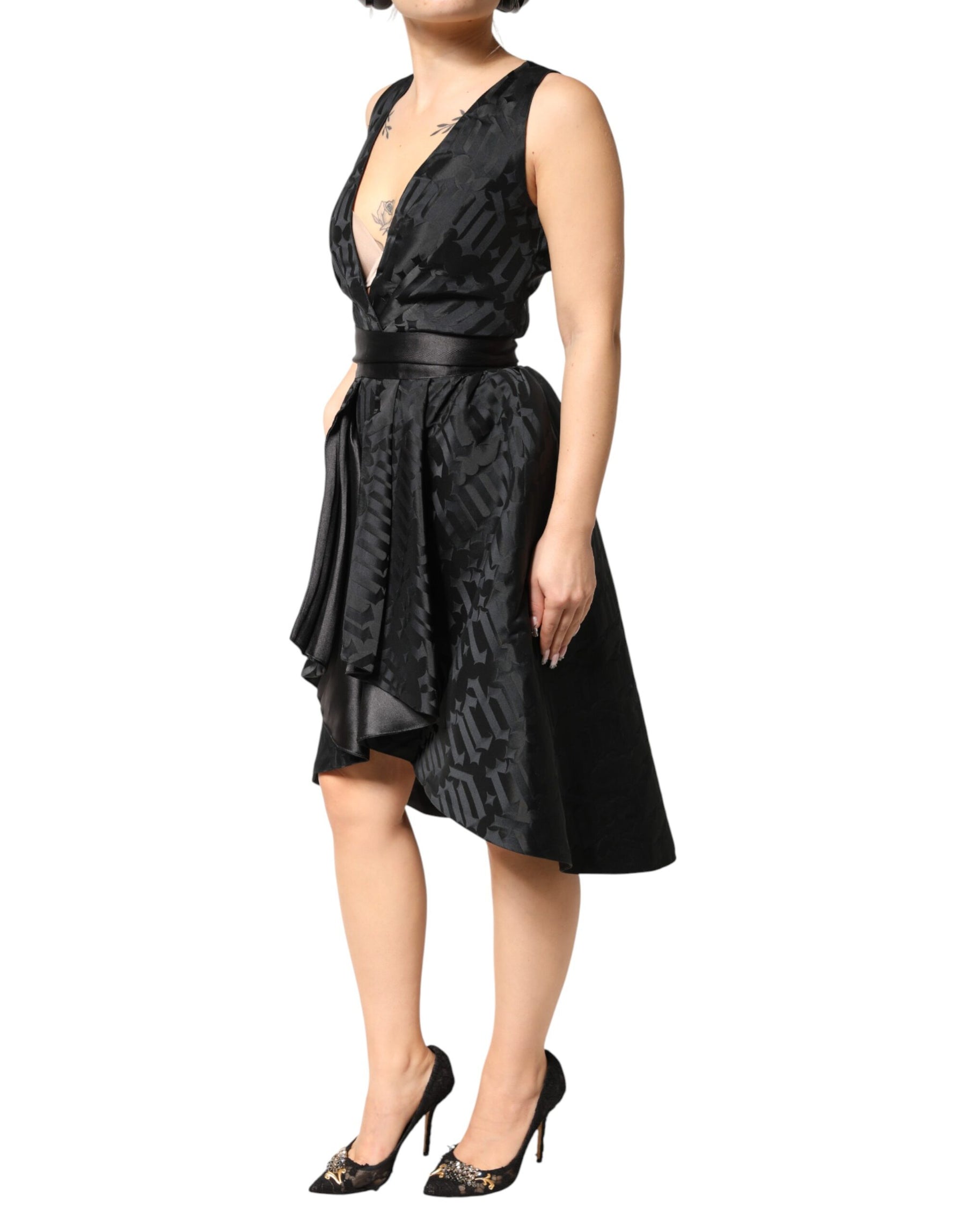 John Richmond Black Jacquard Deep V-neck Sleeveless 2 Pc Dress | Regal Royce