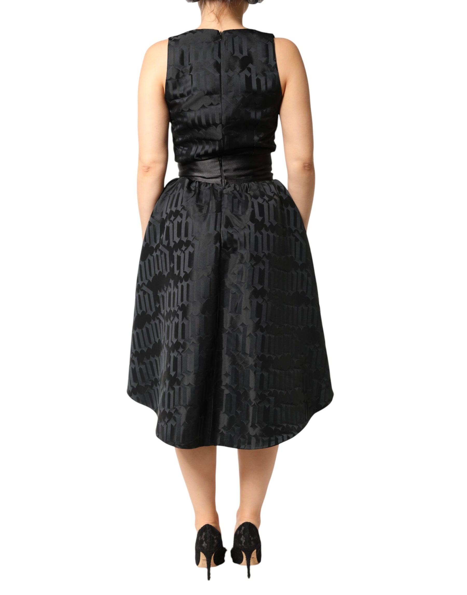 John Richmond Black Jacquard Deep V-neck Sleeveless 2 Pc Dress | Regal Royce