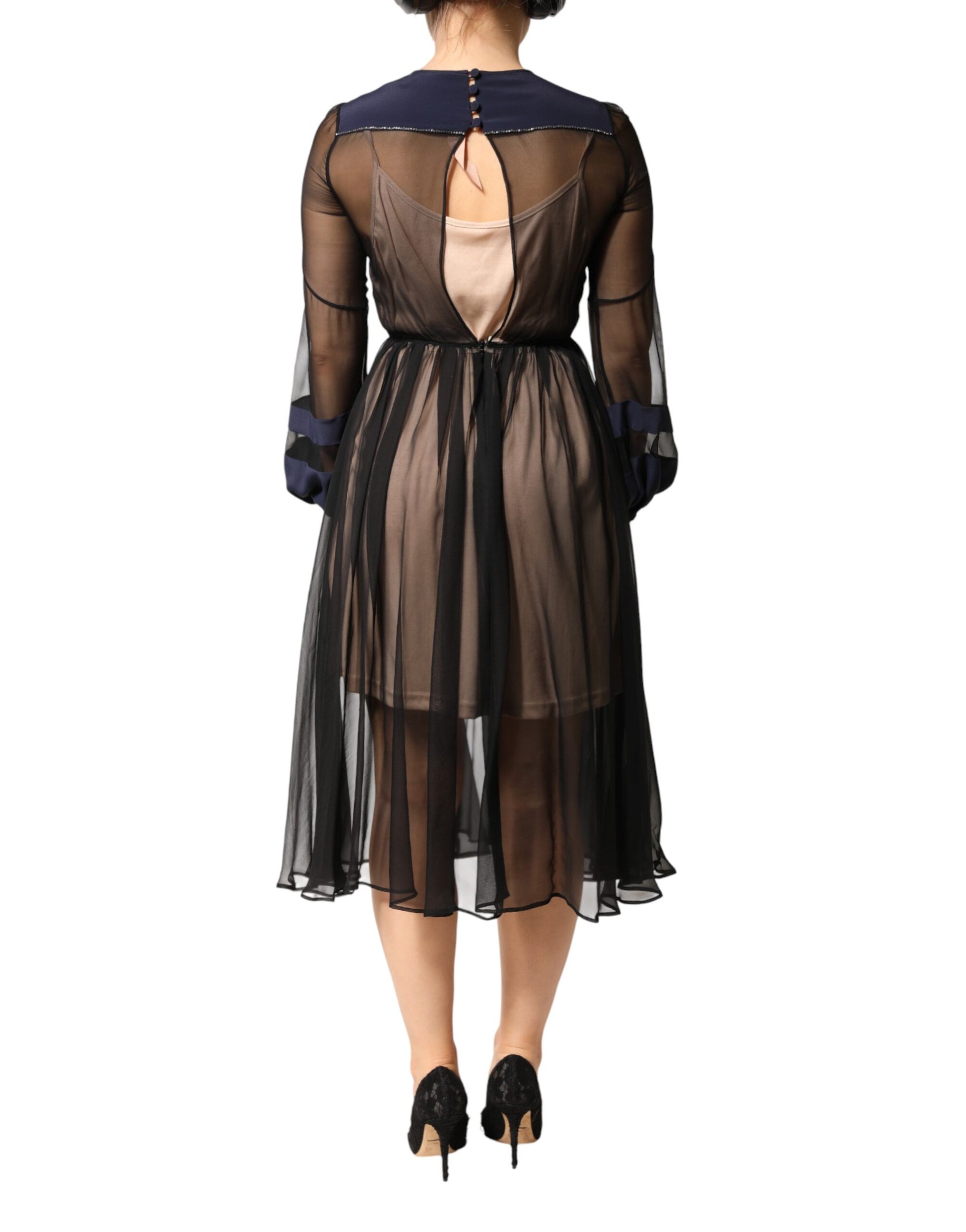 N.21 Blue Long Sleeves Sheer Silk Sheath A-line Midi Dress | Regal Royce