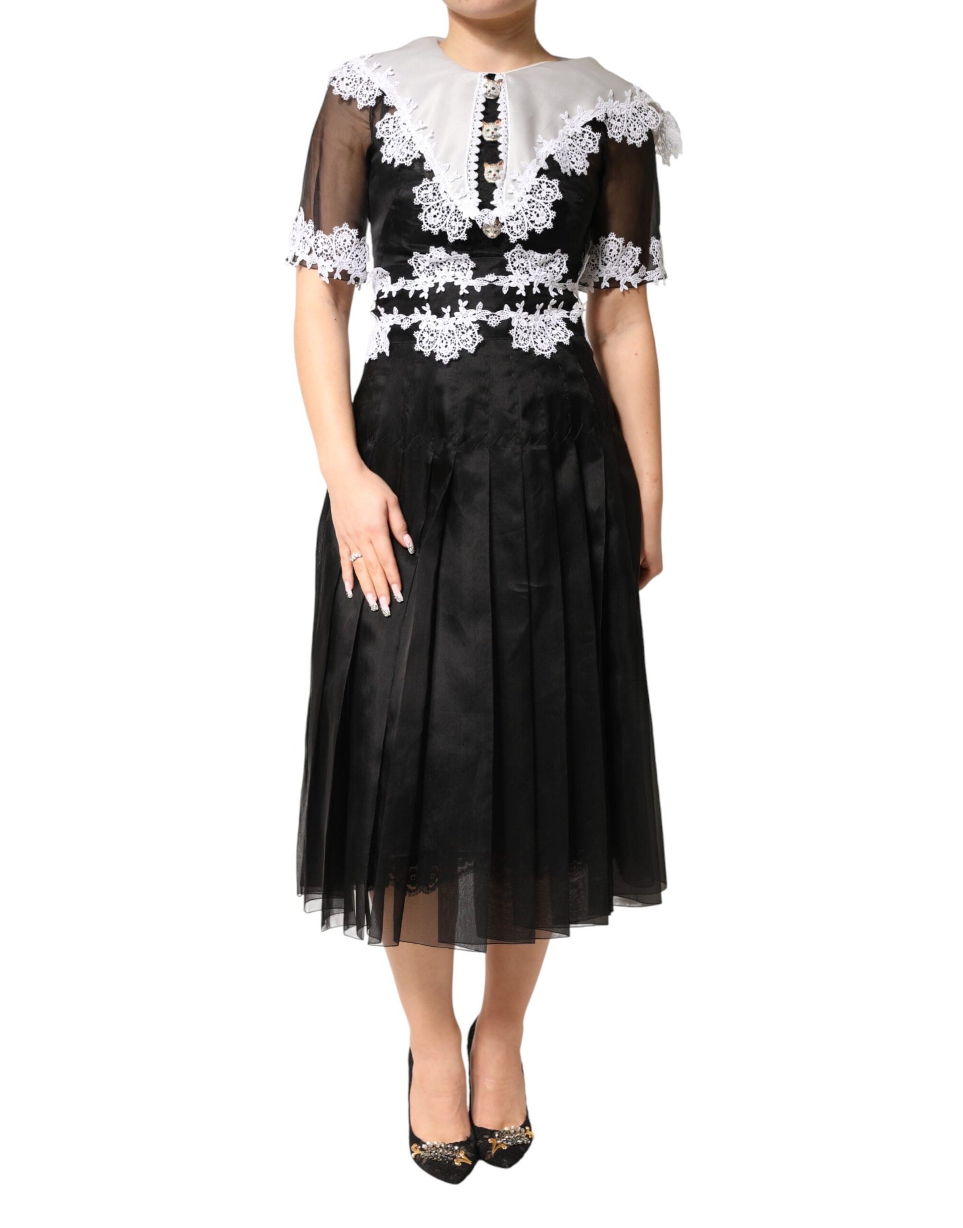 Dolce & Gabbana Black White Silk Macrame Lace Midi Dress | Regal Royce