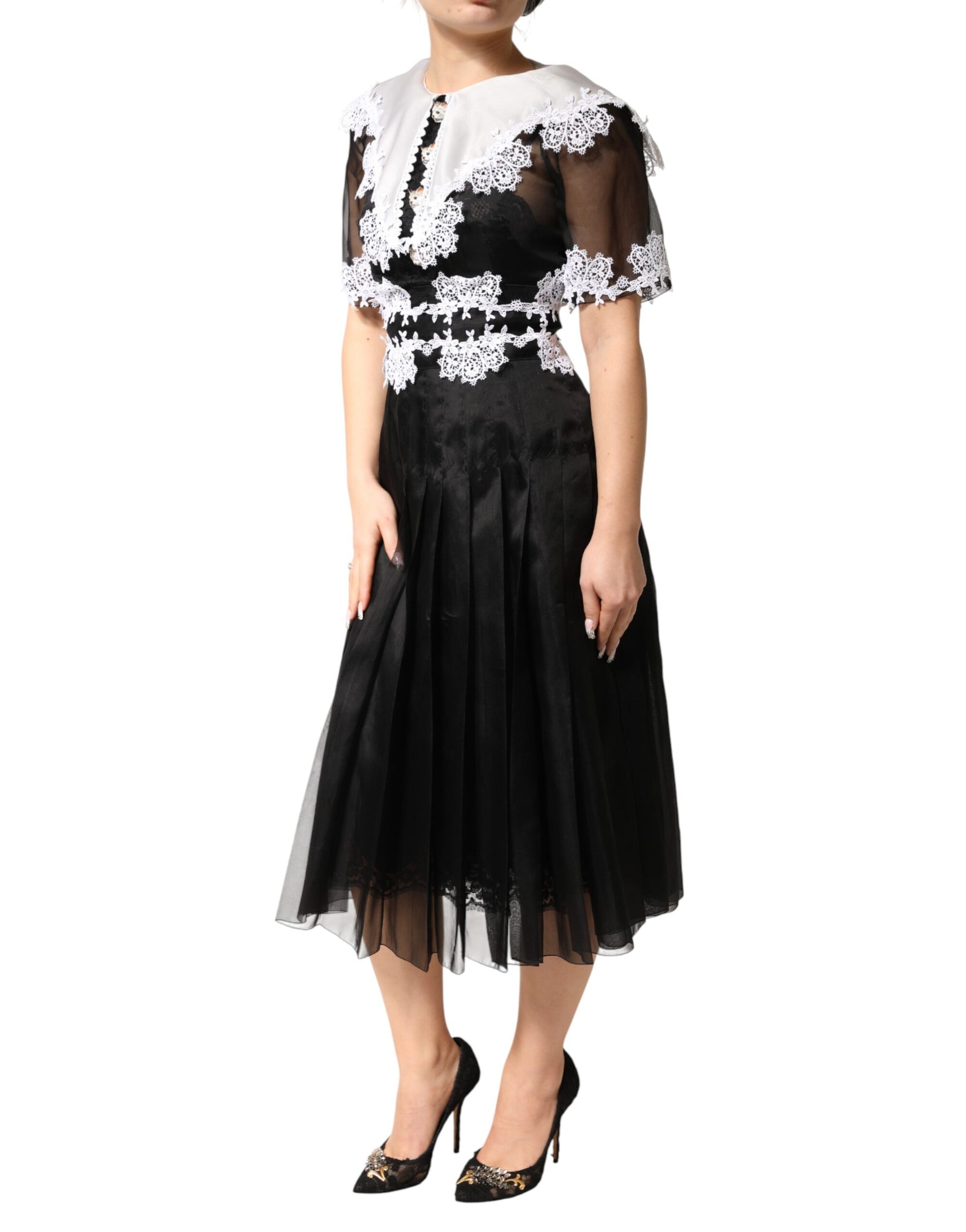 Dolce & Gabbana Black White Silk Macrame Lace Midi Dress | Regal Royce