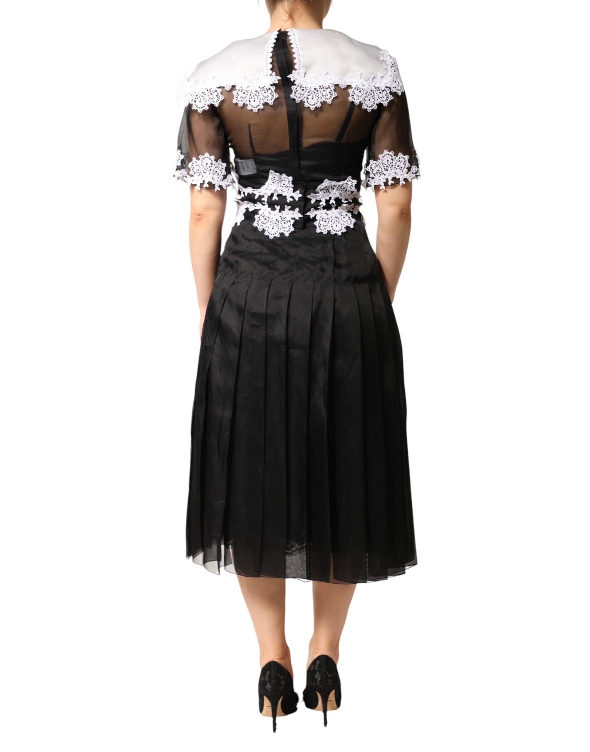 Dolce & Gabbana Black White Silk Macrame Lace Midi Dress | Regal Royce