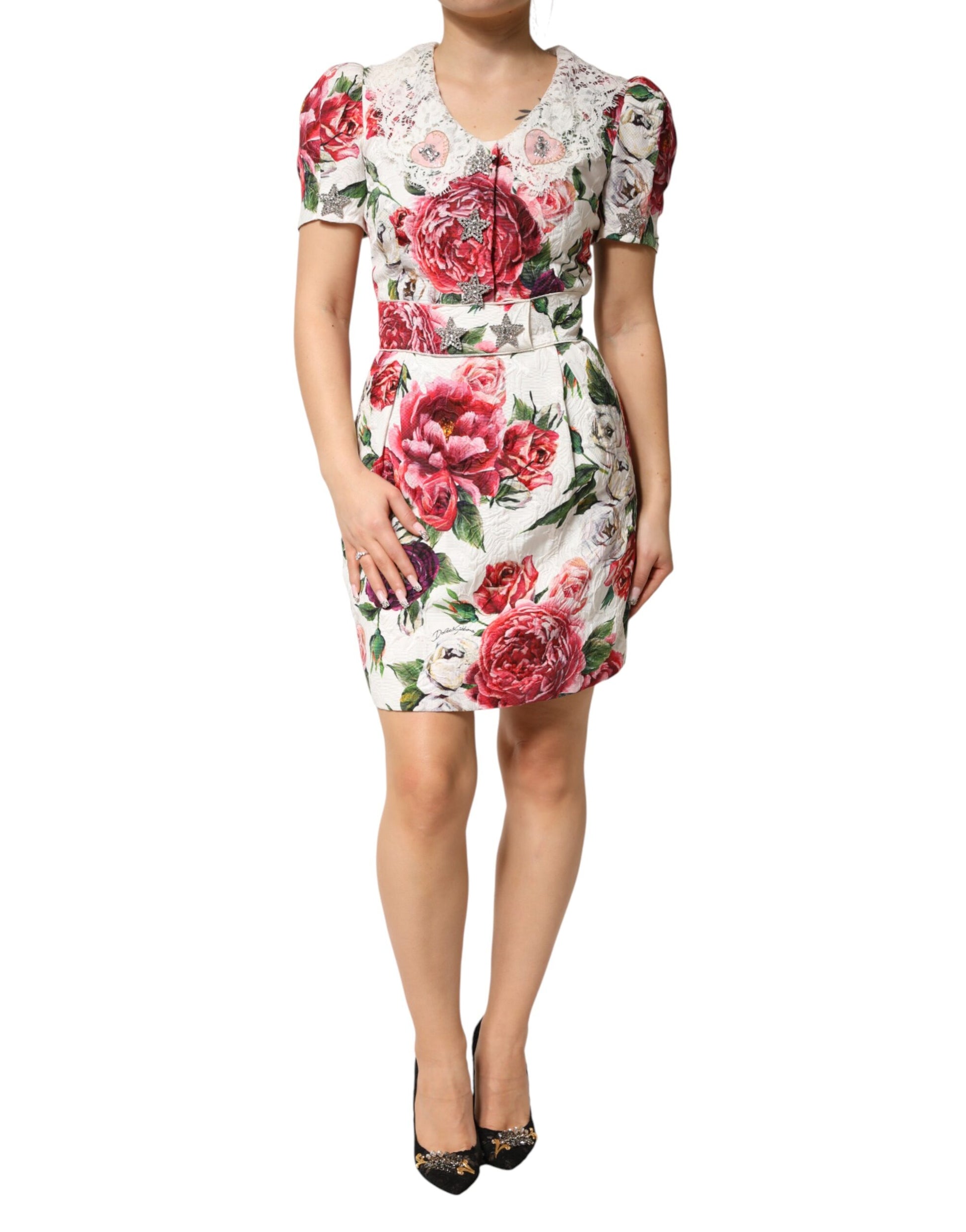 Dolce & Gabbana White Floral Embellished Sheath Mini Dress | Regal Royce