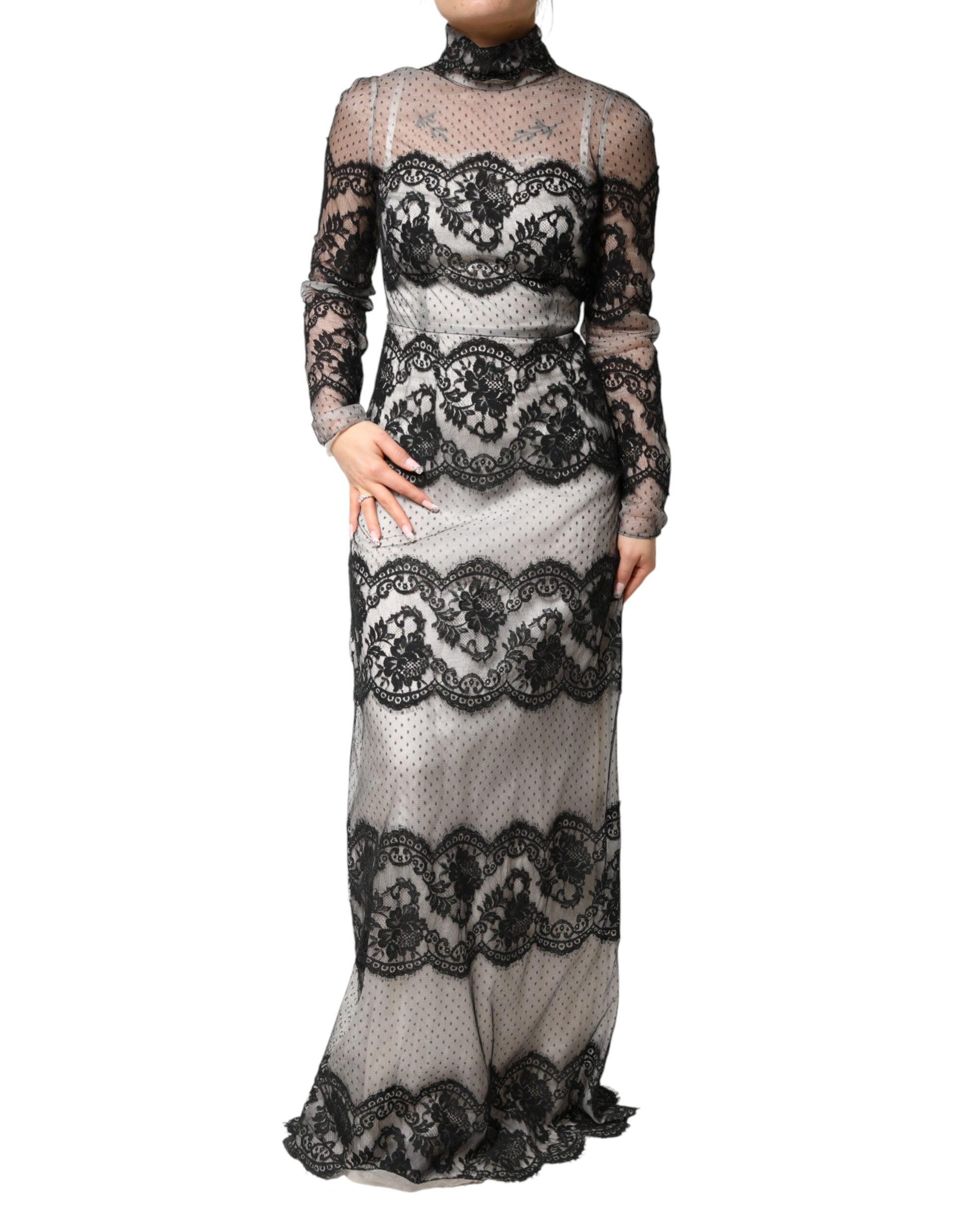 Dolce & Gabbana Black White Lace Silk Blend MaxiSheath Dress | Regal Royce