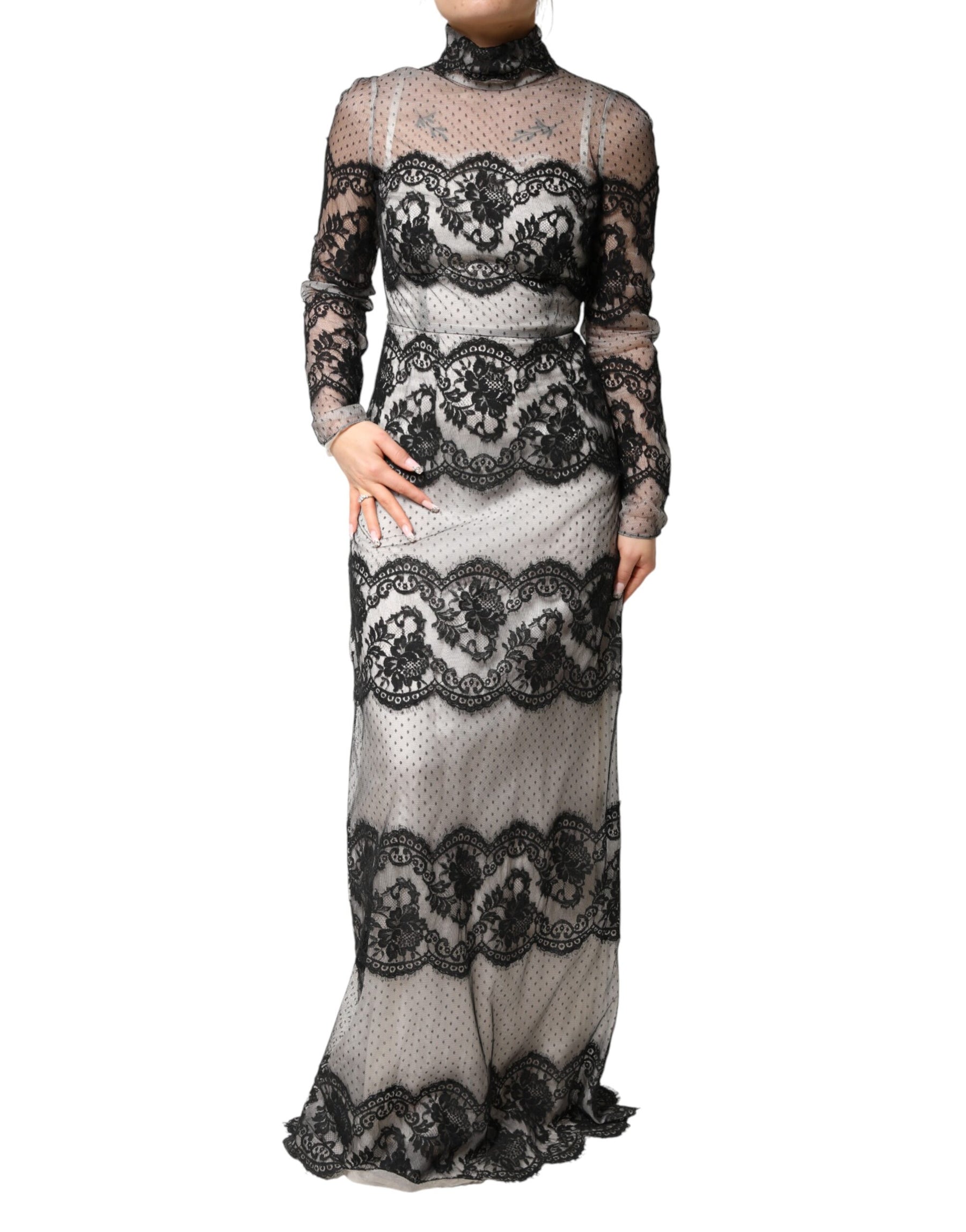 Dolce & Gabbana Black White Lace Silk Blend MaxiSheath Dress | Regal Royce