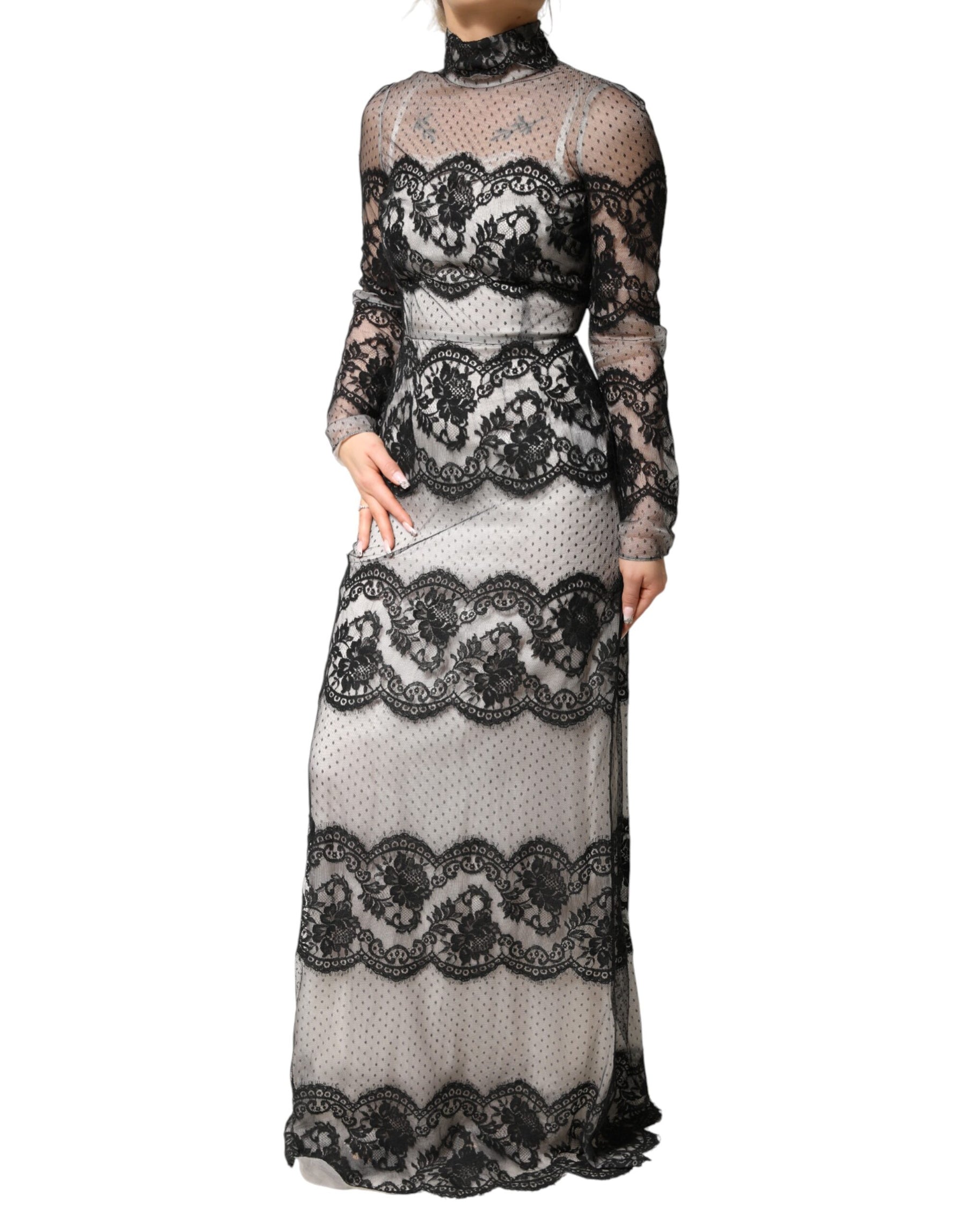 Dolce & Gabbana Black White Lace Silk Blend MaxiSheath Dress | Regal Royce