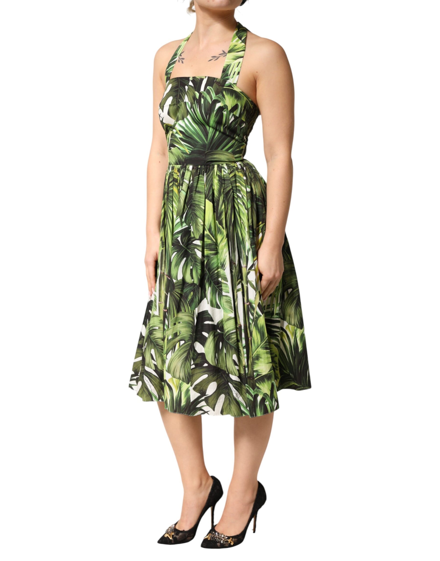 Dolce & Gabbana Green Leaves Print Cotton Halter Midi Dress | Regal Royce