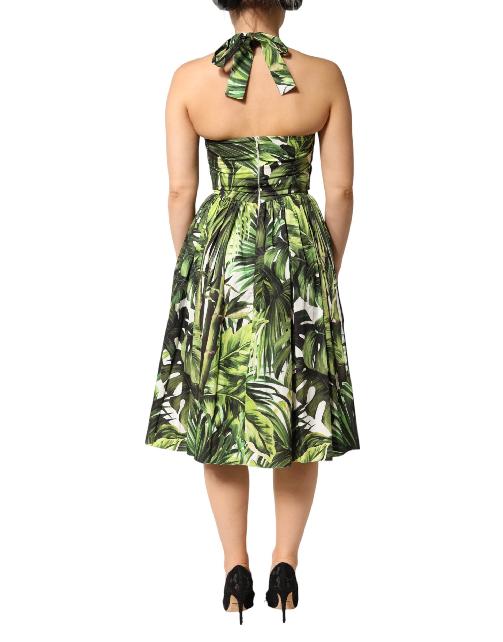Dolce & Gabbana Green Leaves Print Cotton Halter Midi Dress | Regal Royce