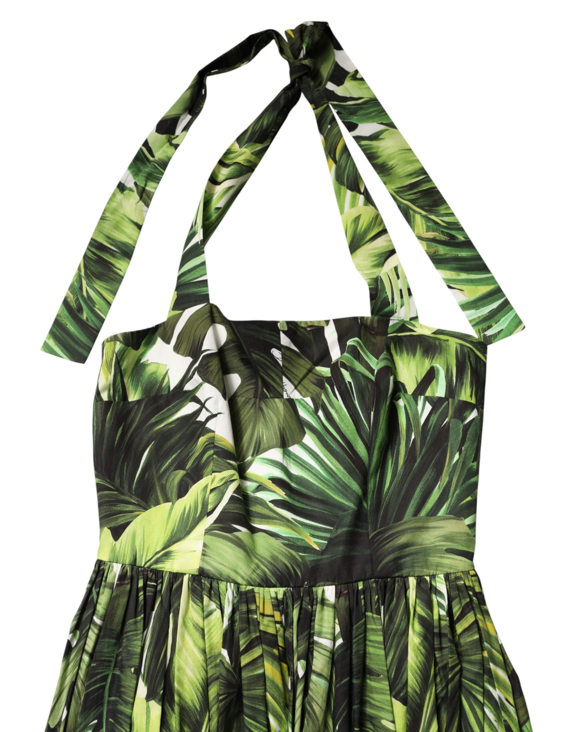 Dolce & Gabbana Green Leaves Print Cotton Halter Midi Dress | Regal Royce