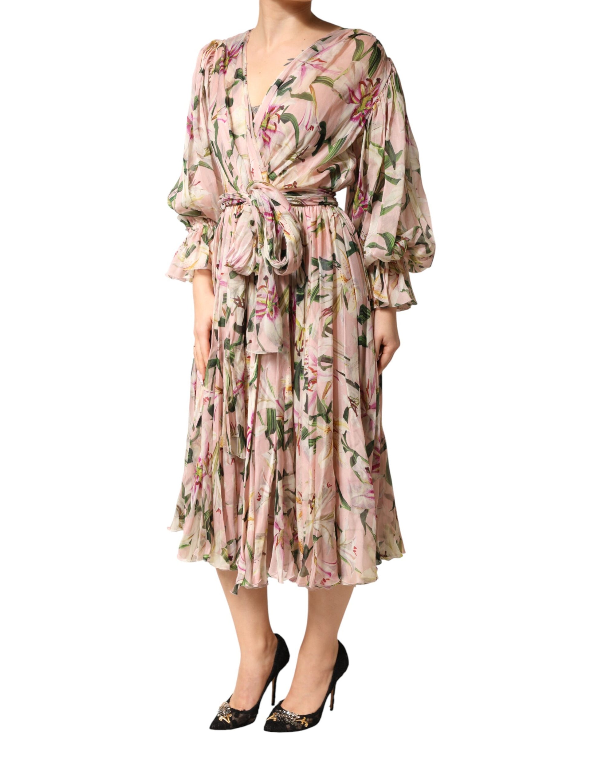 Dolce & Gabbana Pink Lily Print A-line Pleated Maxi Dress | Regal Royce