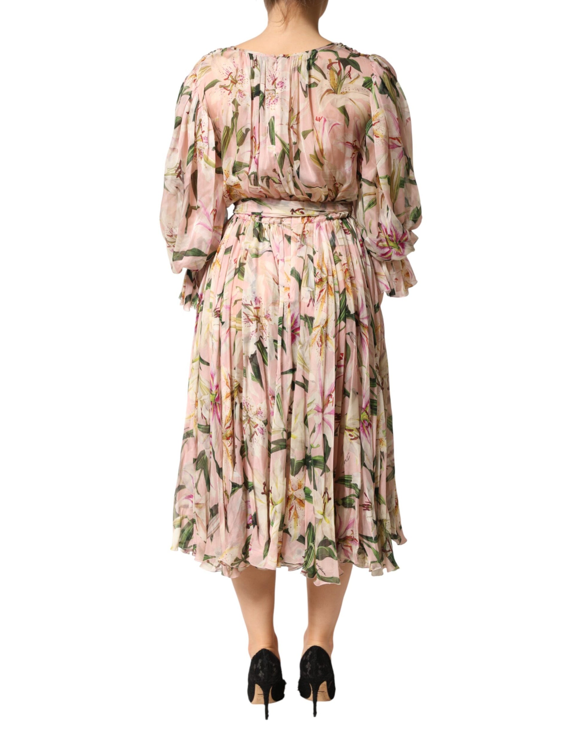 Dolce & Gabbana Pink Lily Print A-line Pleated Maxi Dress | Regal Royce