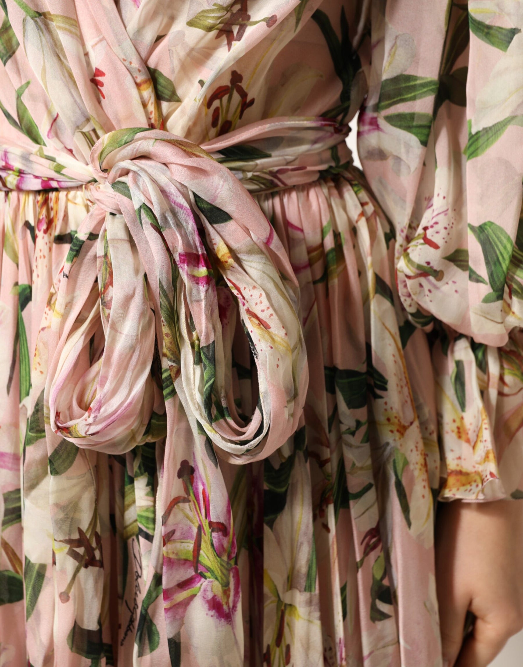 Dolce & Gabbana Pink Lily Print A-line Pleated Maxi Dress | Regal Royce