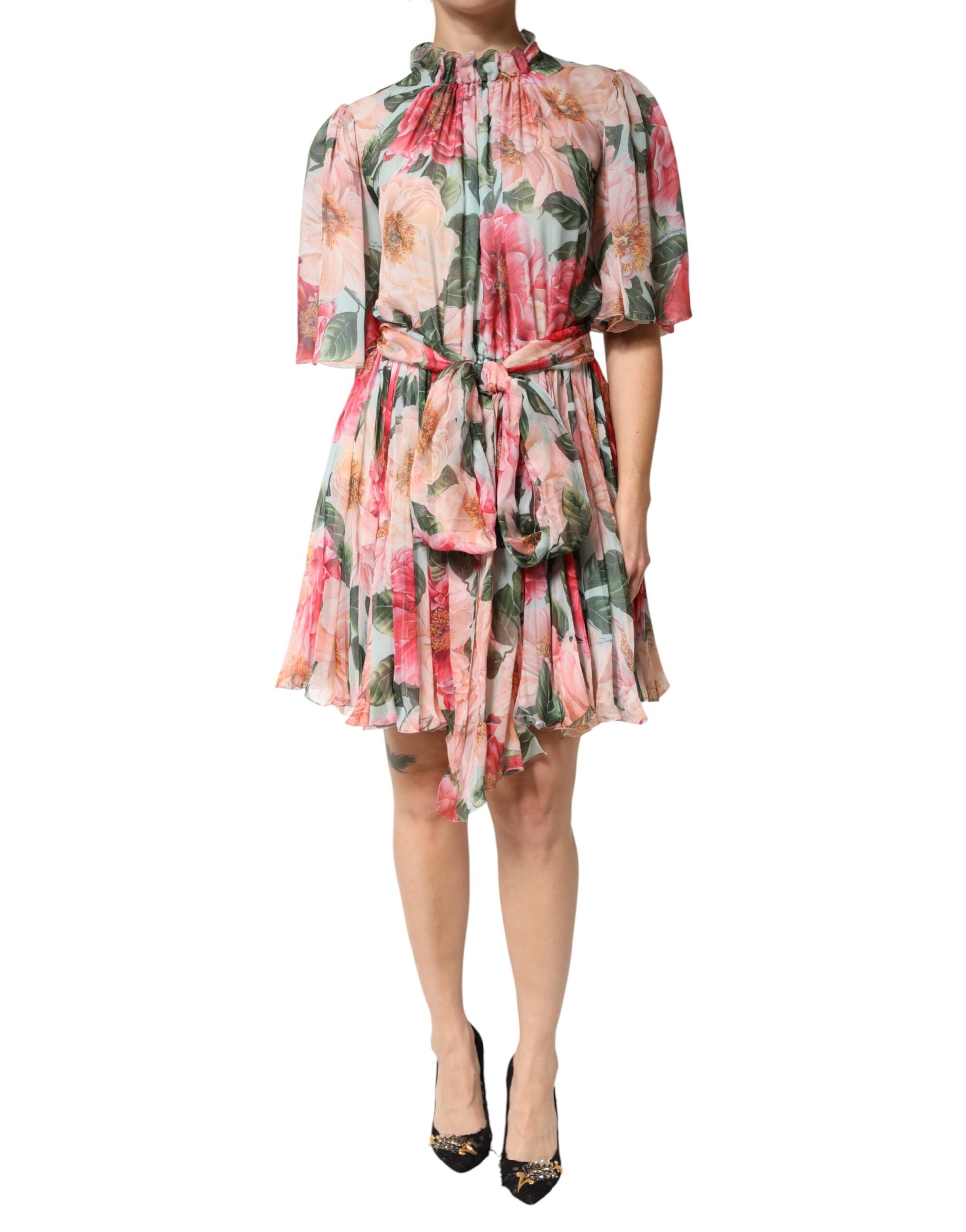 Dolce & Gabbana Multicolor Floral Silk Chiffon Pleated Mini Dress | Regal Royce
