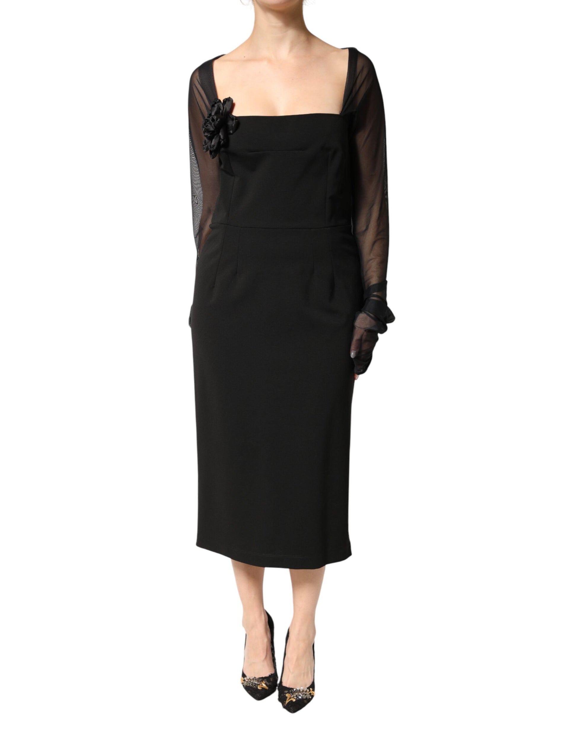 Dolce & Gabbana Black Sheer Yoke Rosette Sheath Midi Dress | Regal Royce