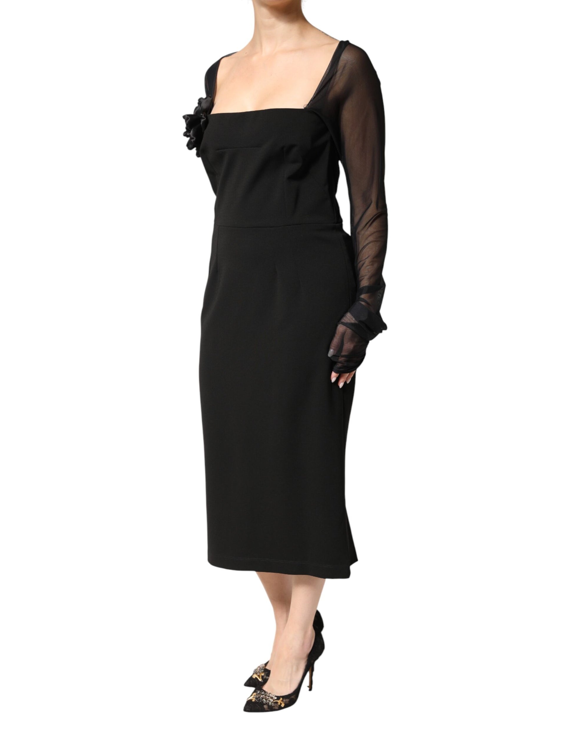 Dolce & Gabbana Black Sheer Yoke Rosette Sheath Midi Dress | Regal Royce