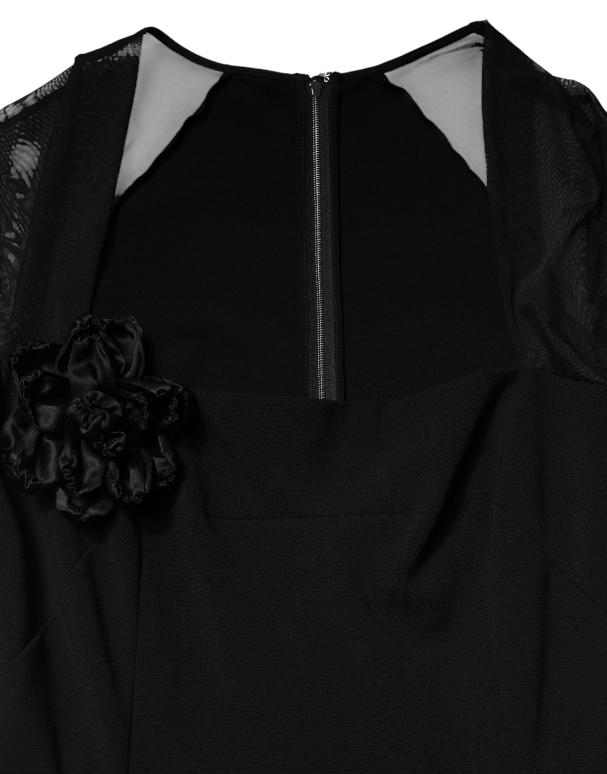 Dolce & Gabbana Black Sheer Yoke Rosette Sheath Midi Dress | Regal Royce
