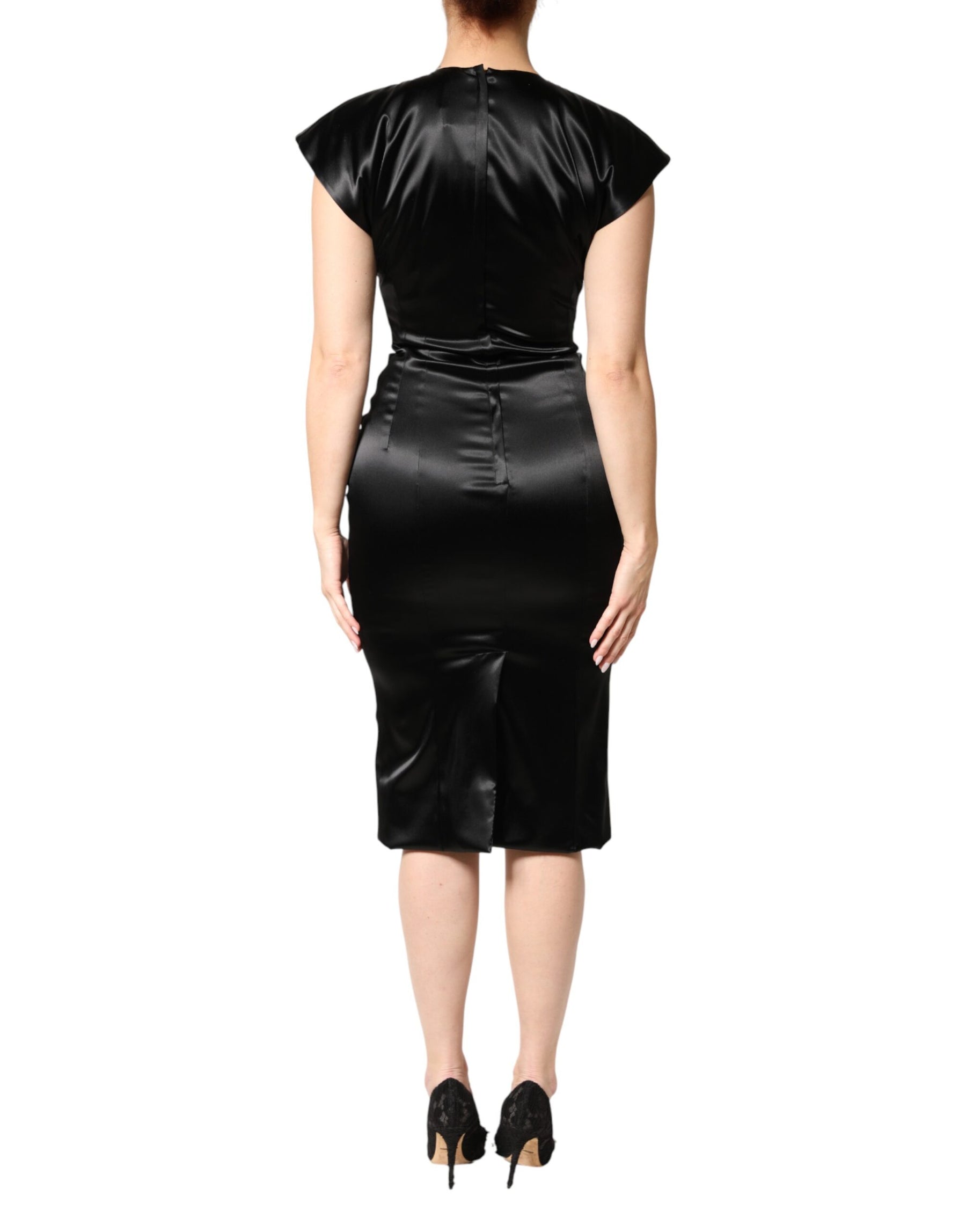 Dolce & Gabbana Black Satin Sheath Midi Cap Sleeves Dress | Regal Royce
