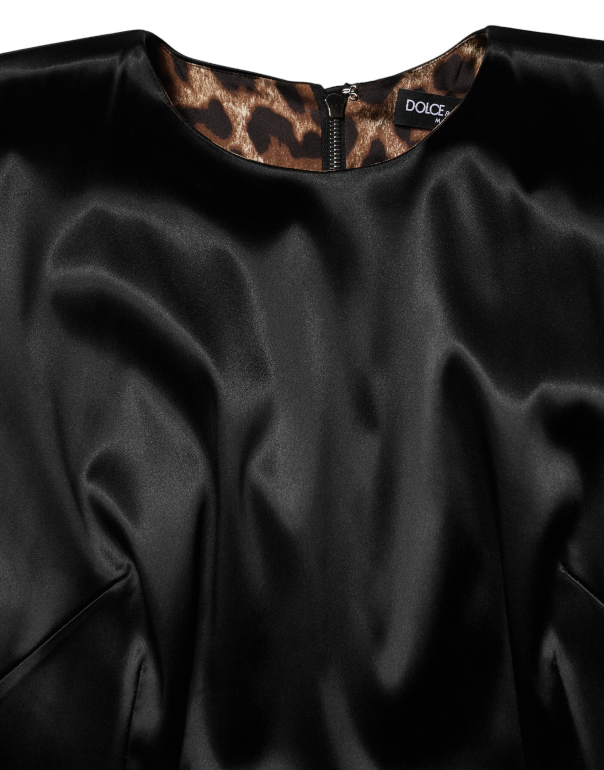 Dolce & Gabbana Black Satin Sheath Midi Cap Sleeves Dress | Regal Royce