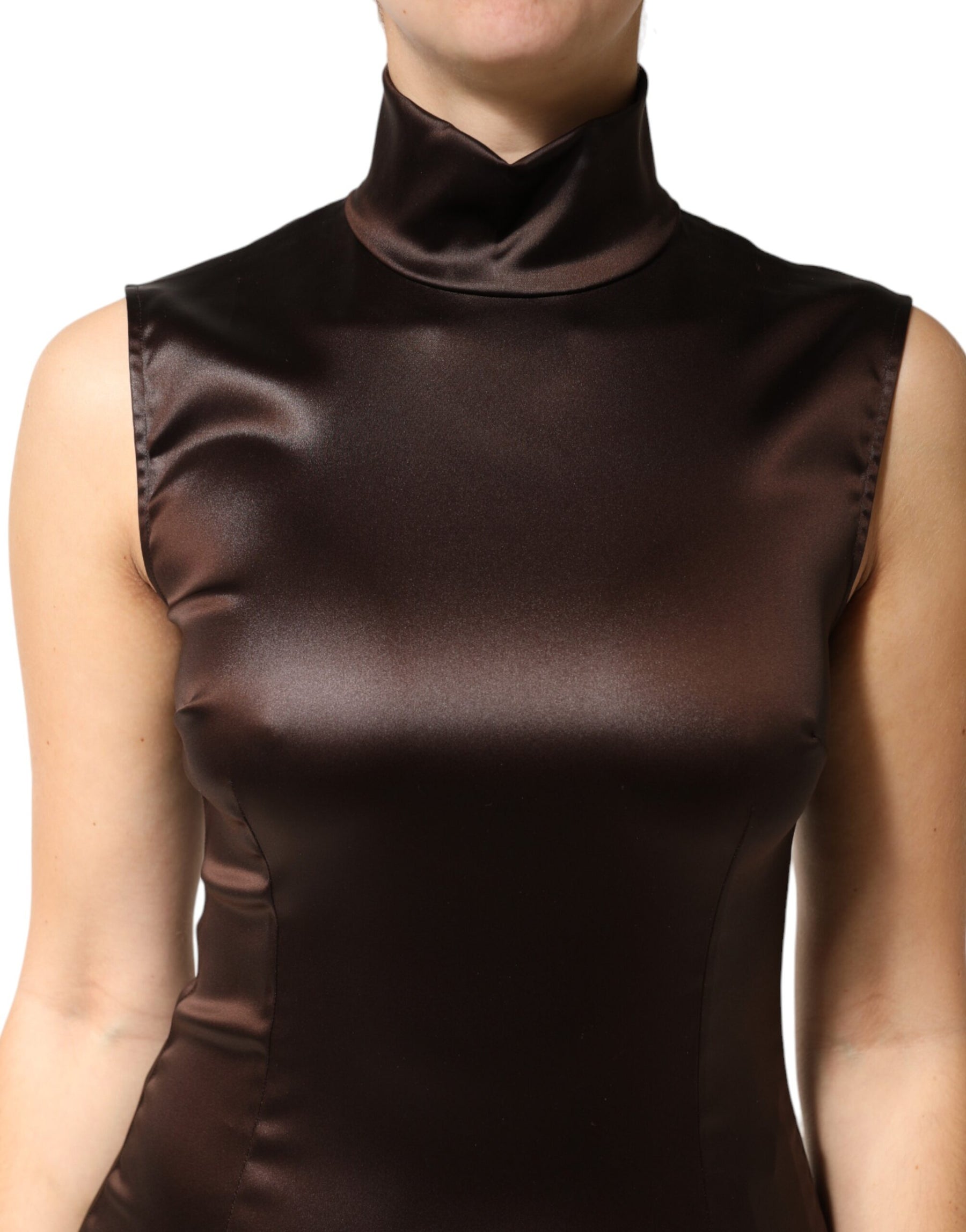 Dolce & Gabbana Brown Satin Sheath Midi SleeveLess Dress | Regal Royce