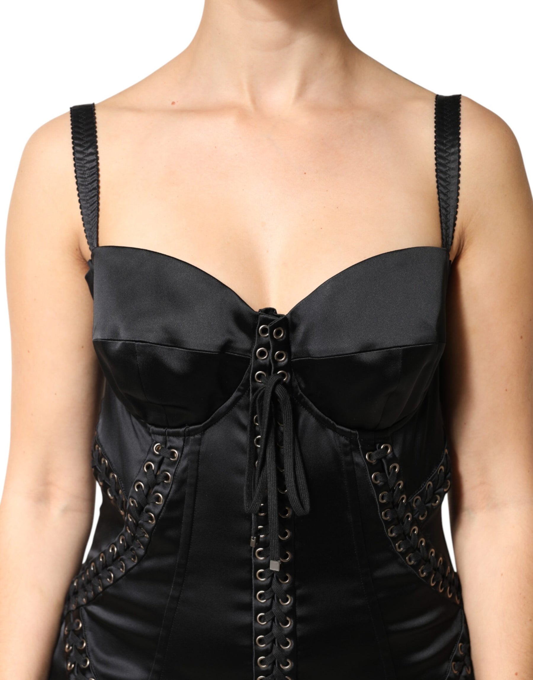 Dolce & Gabbana Black Satin Acetate Lace Eyelets Mini Dress | Regal Royce