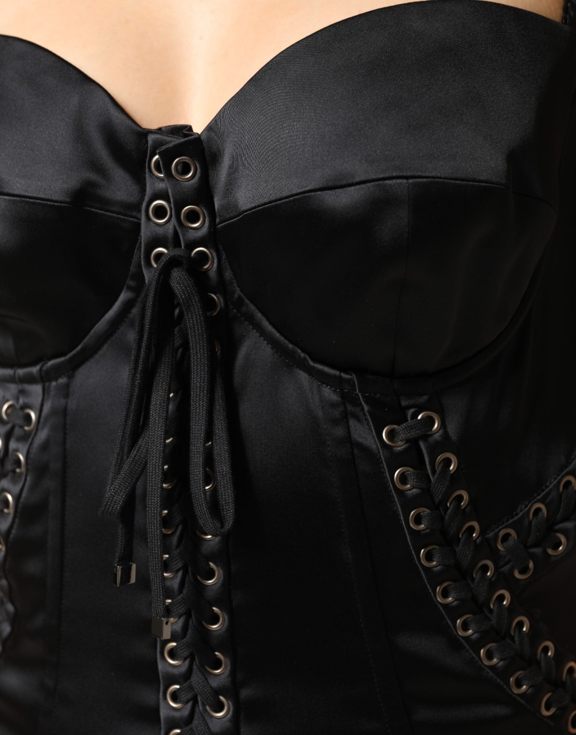 Dolce & Gabbana Black Satin Acetate Lace Eyelets Mini Dress | Regal Royce