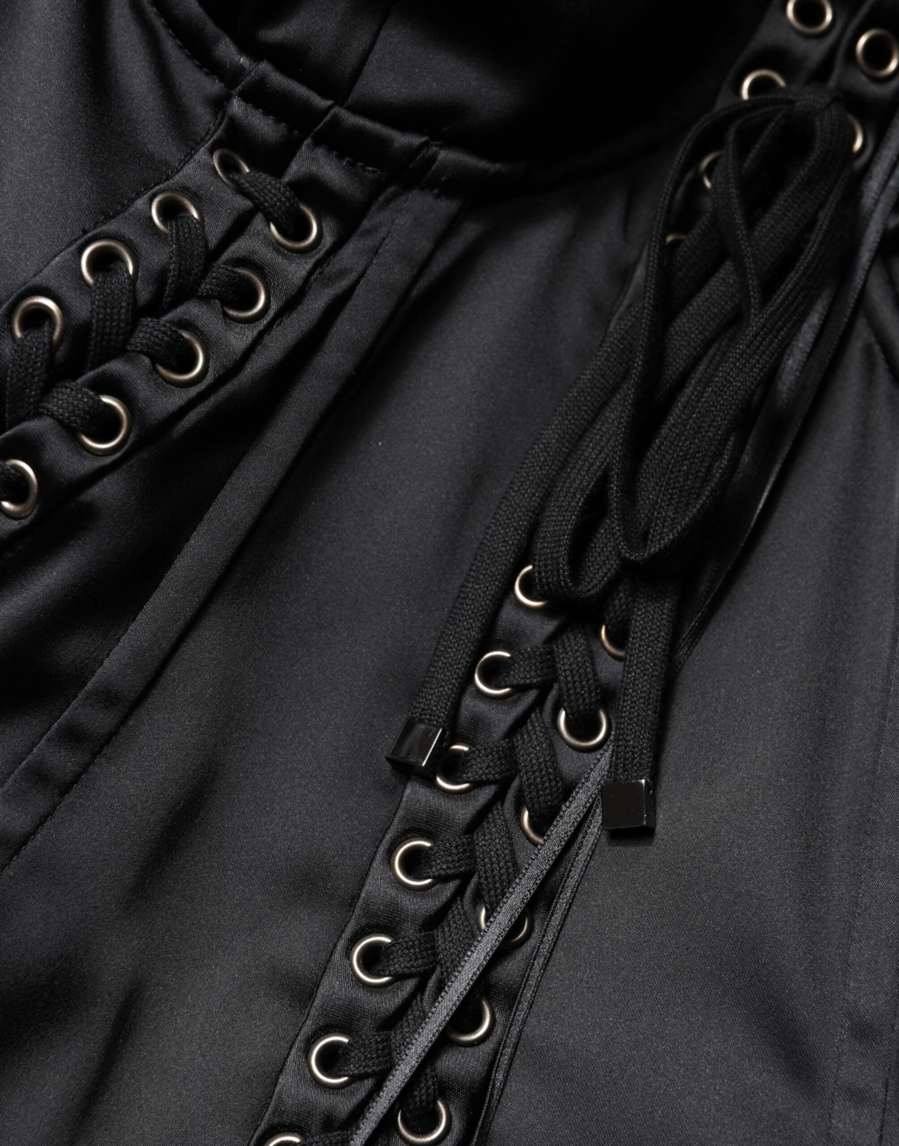 Dolce & Gabbana Black Satin Acetate Lace Eyelets Mini Dress | Regal Royce