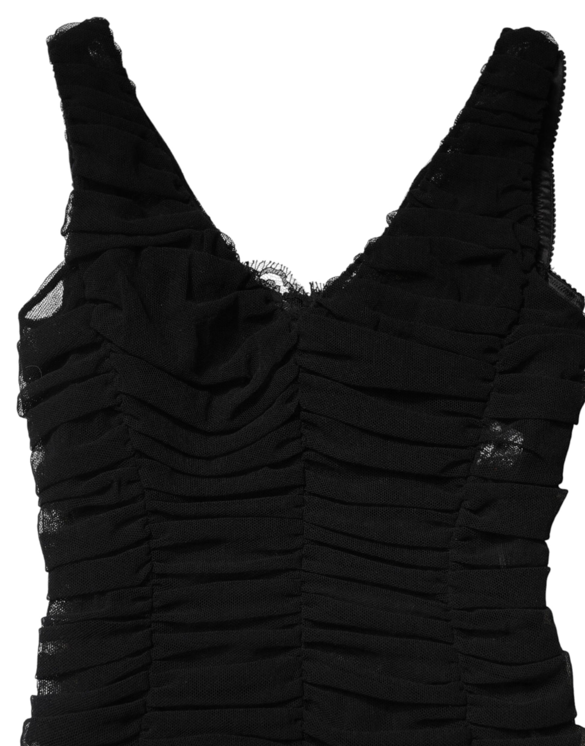 Dolce & Gabbana Black V-Neck Ruched Lace Hem Midi Dress | Regal Royce