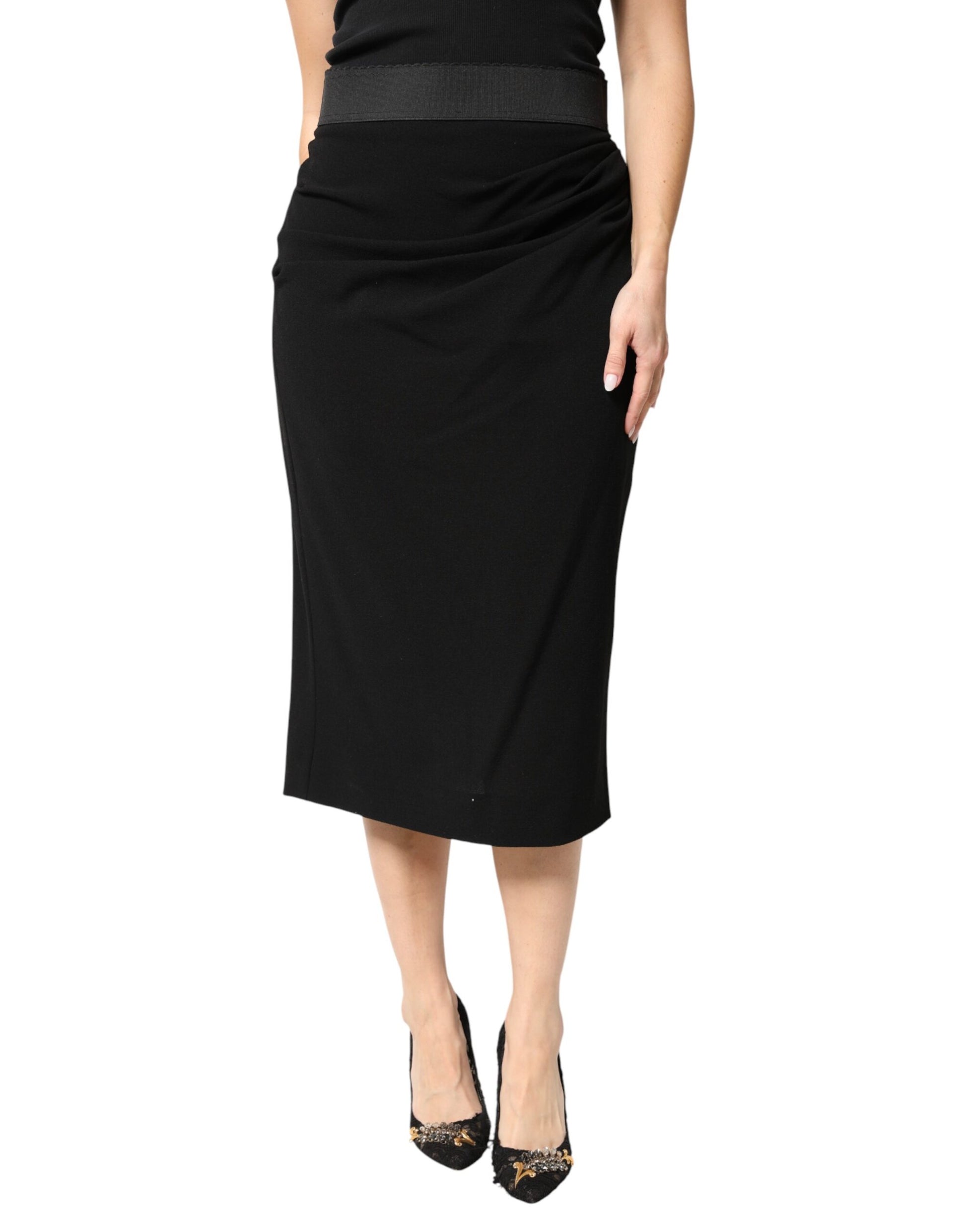 Dolce & Gabbana Black Wool High Waist Pencil Cut Midi Skirt | Regal Royce