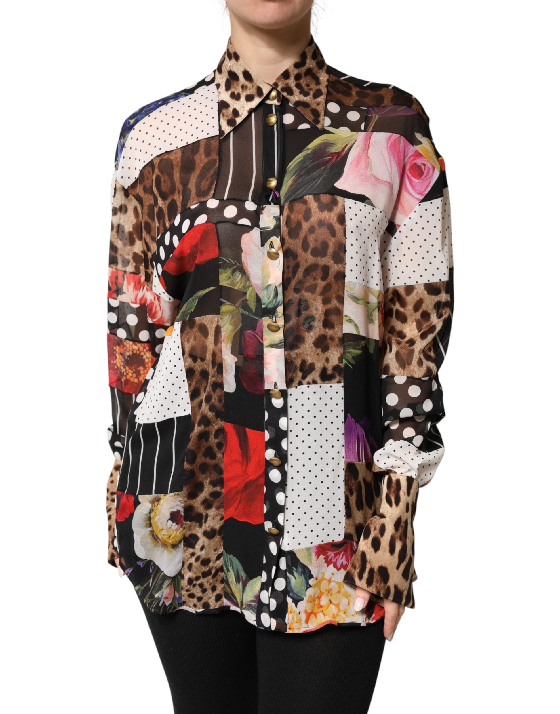 Dolce & Gabbana Multicolor Patchwork Silk CollaredBlouse Top | Regal Royce